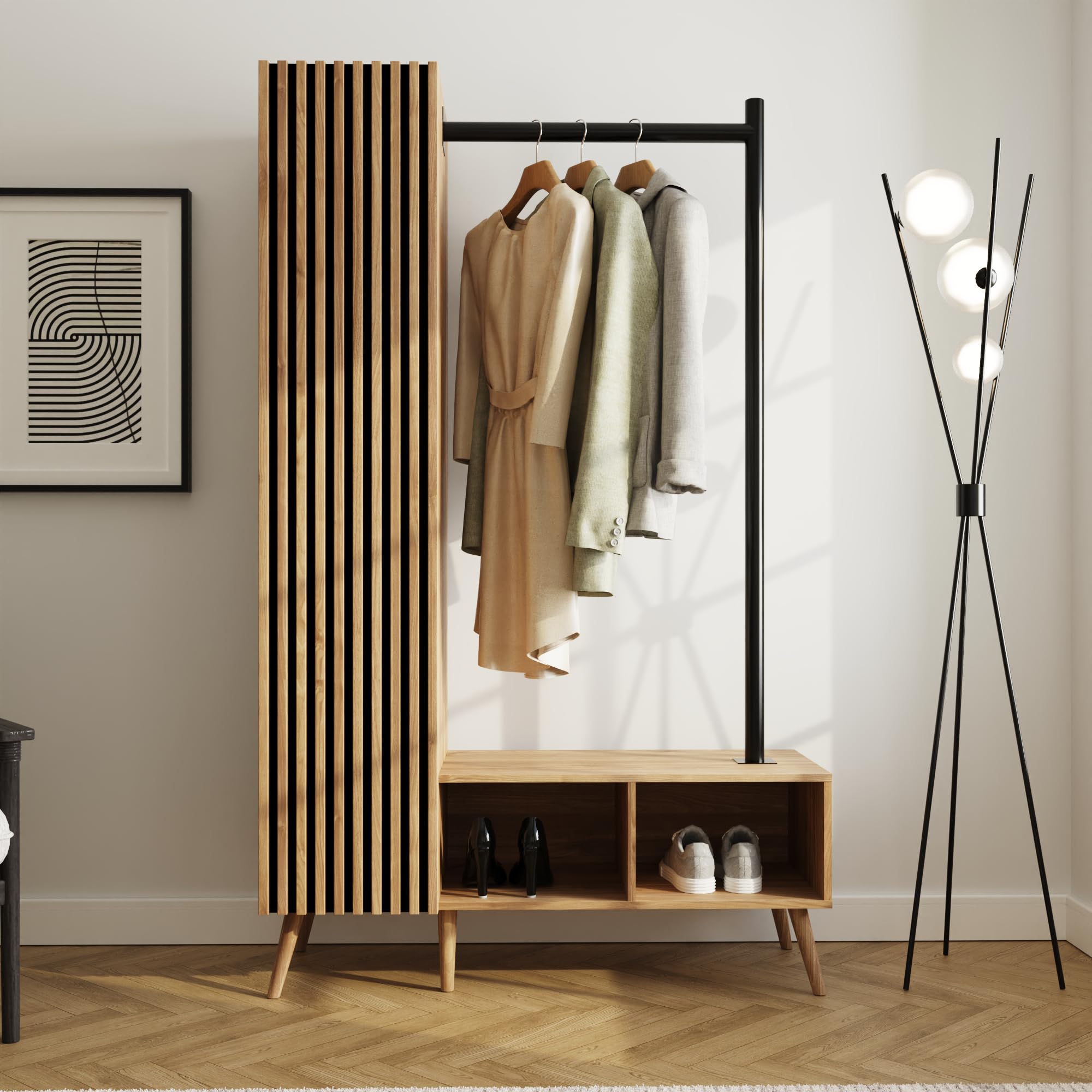GFW Rowan Wardrobe with Shelves & Hanging Rail, Oak Effect Storage Cabinet with Slatted Detailing & Reversible Layout