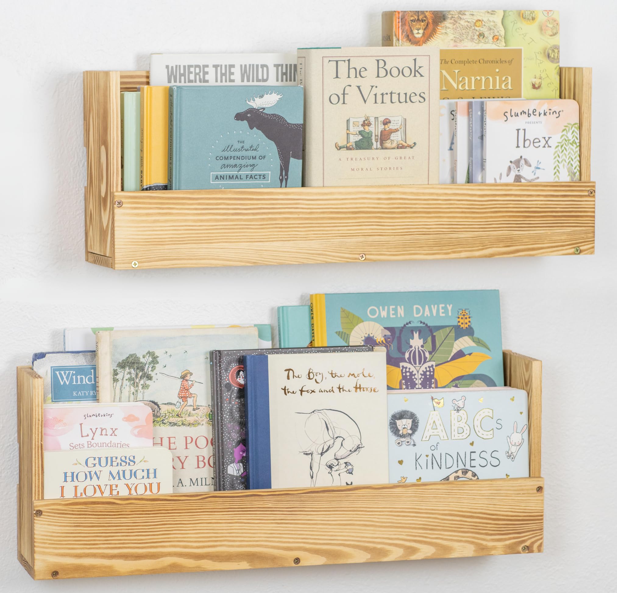 NOISY DIRT DESIGNS 2 Shelves Rustic Kids Bookshelf, 24x9x5in, 20lbs Capacity, Wall Mount, Solid Wood, Nursery, Bedroom, Kitchen Decor