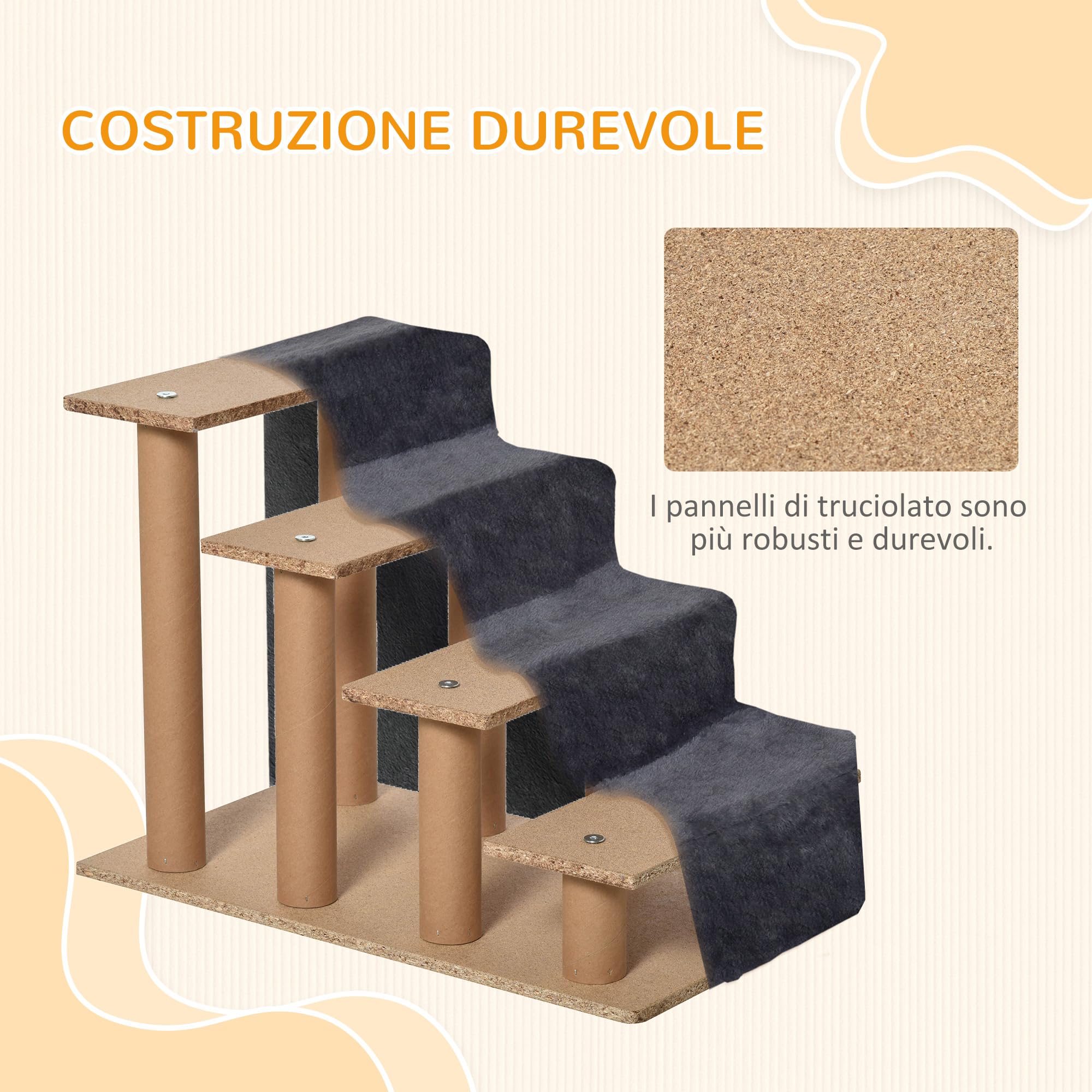 PawHut Scala per Cani a 4 Gradini, 60x35x44 cm Scaletta per Cani e Gatti di 10 KG in Tessuto Vellutato Sfoderabile e Lavabile, Grigio Scuro