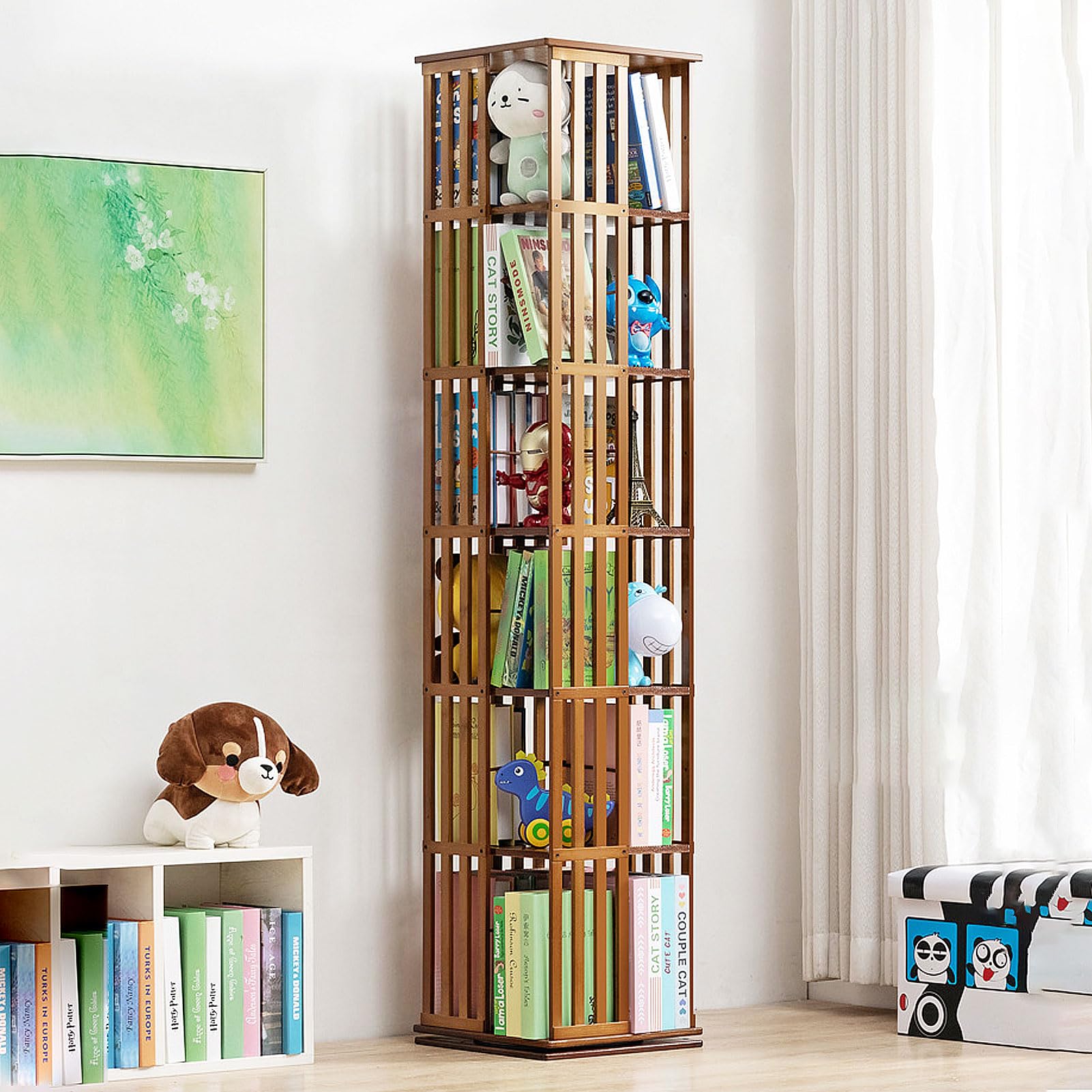 Lshtshf-Ou Light Walnut 360 Display Rotating Bookshelf Bamboo Organizer Wooden Bookcase Corner Tall Book Shelf Modern With Open Design Shelving Unit(,6Th Floor-Tier)