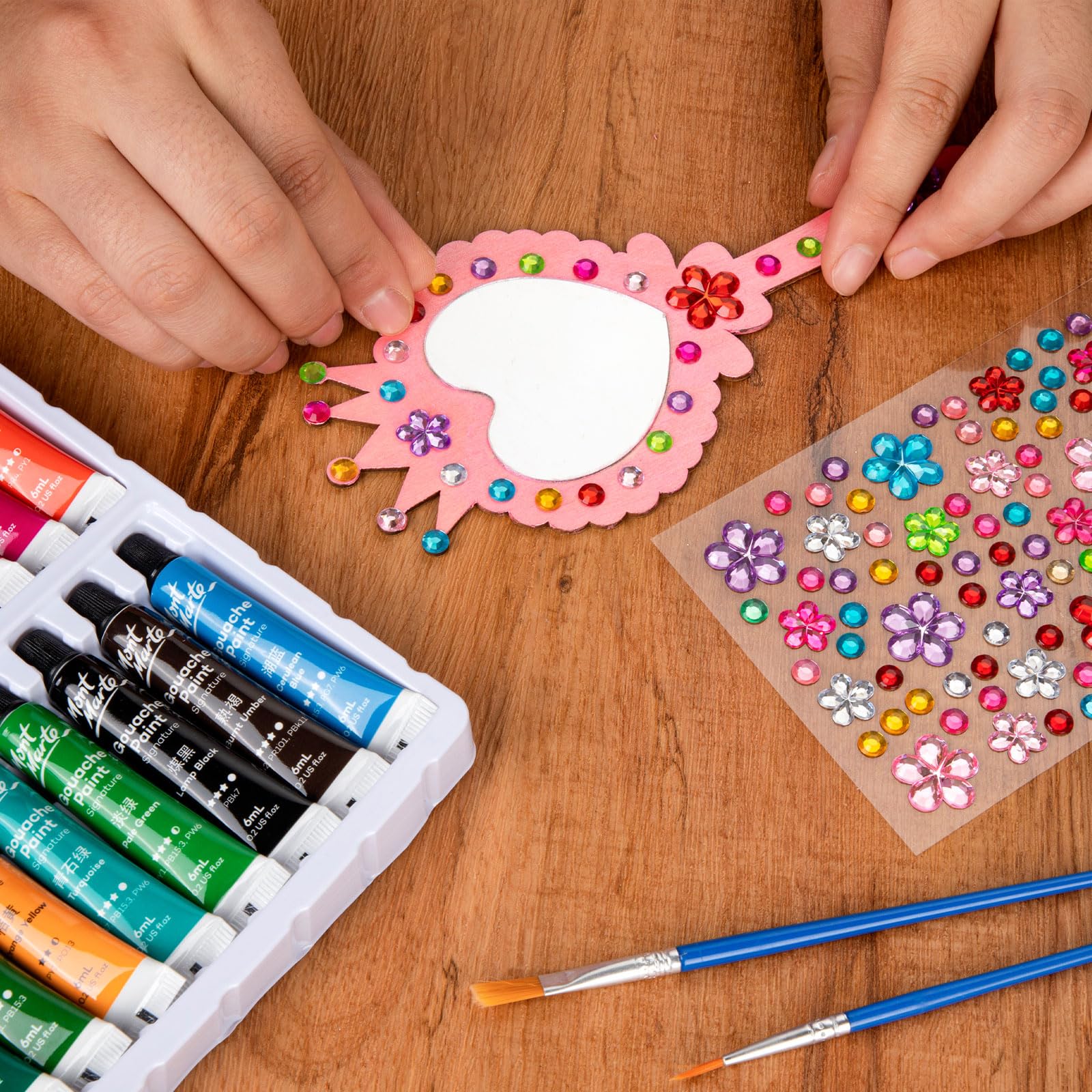XJWWHZ 12 Pack Wooden Mirror Craft for Kids, DIY Princess Mirrors for Girls, Paint Wooden Hand Mirror for Art Activities