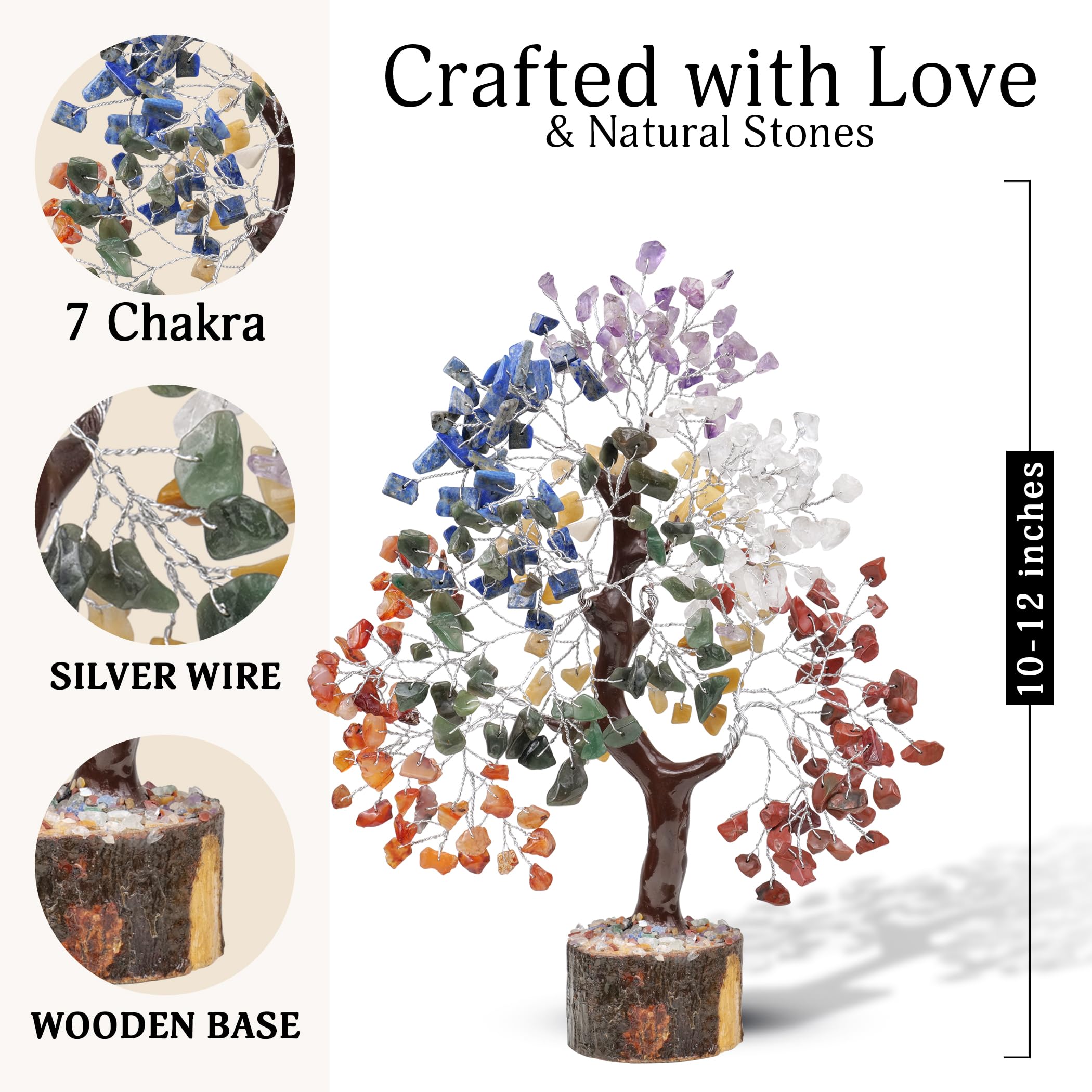 FASHIONZAADI Seven Chakra Gemstone Crystal Tree - Feng Shui Bonsai Money Natural Healing Crystals Chakras Reiki Stones Good Luck Home Decoration Gift Office Décor Size 10-12 inch (Silver Wire)
