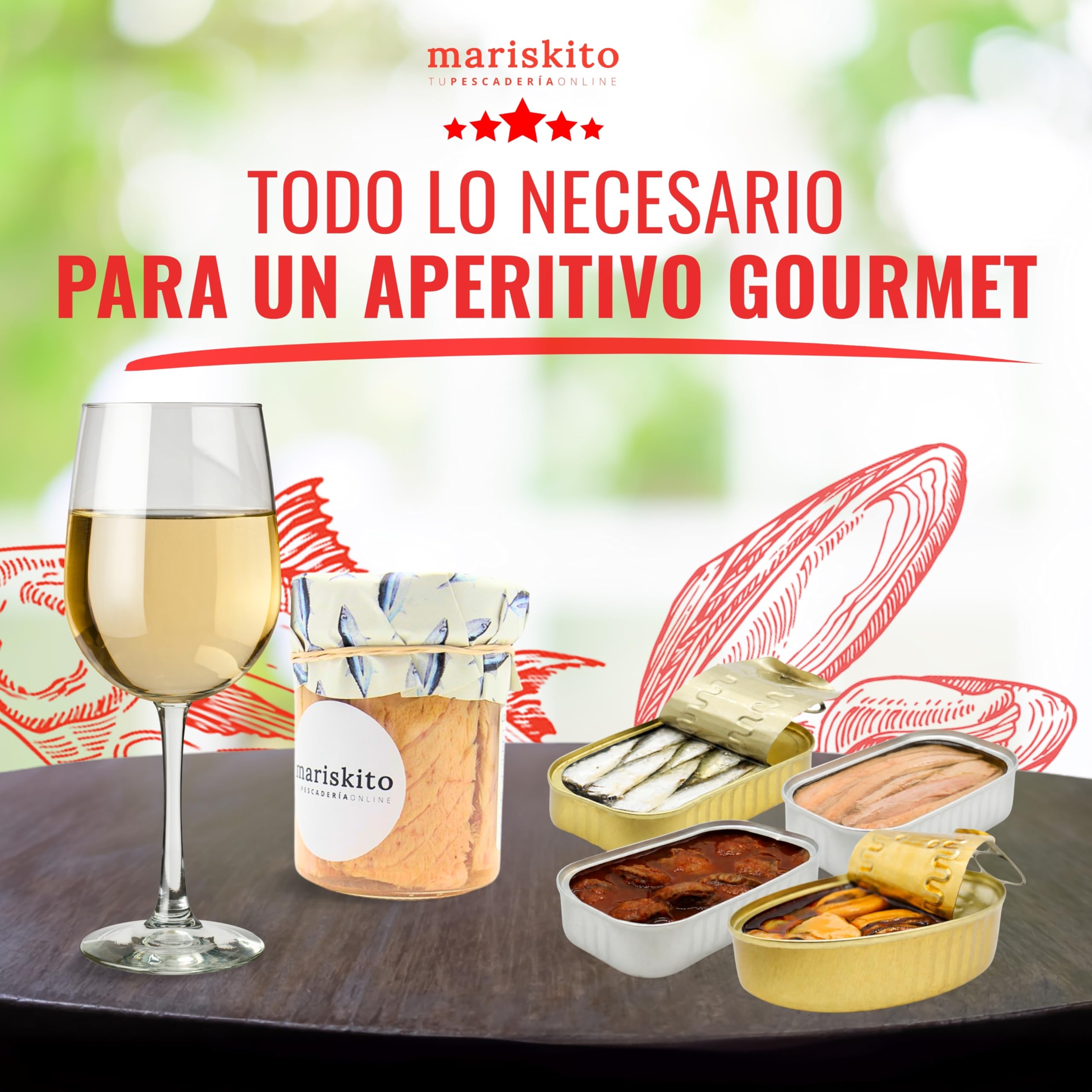 MARISKITO | Caja Regalo Gourmet - Vino Godello y 5 Conservas Gallegas – Pack Delicatessen con Mejillones, Sardinillas, Zamburiñas, Bonito y Ventresca de Atún – Lote Navidad, Empresas y Celebraciones
