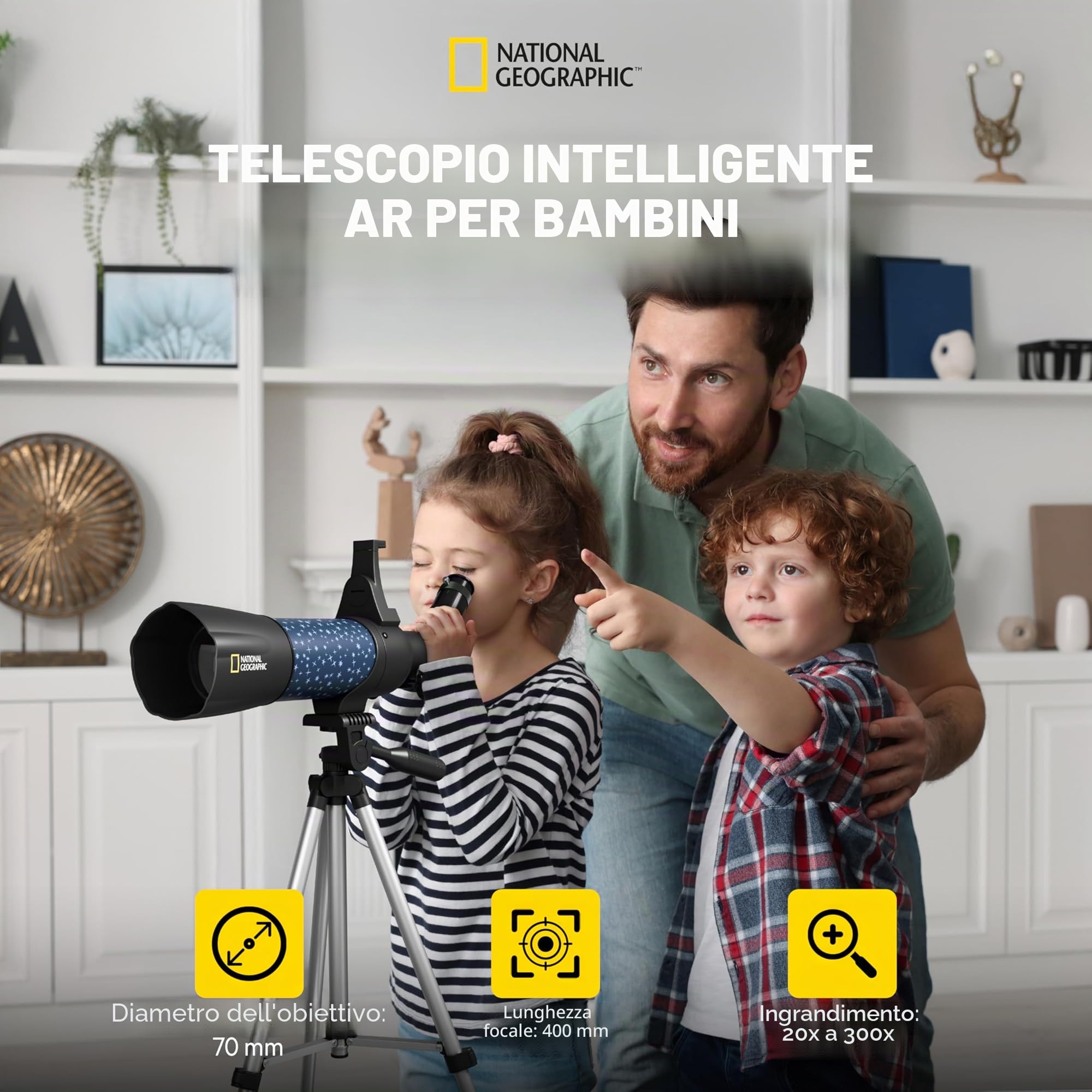 National Geographic smartes AR - Telescopio per bambini con treppiede, zaino, supporto per smartphone e app di realtà aumentata