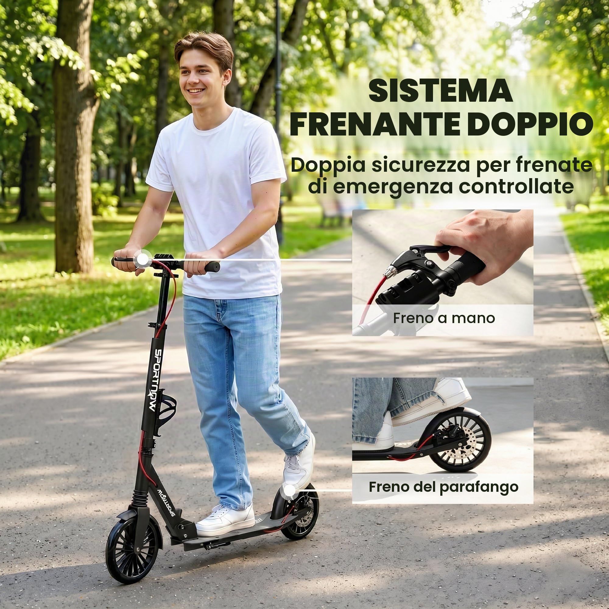 SPORTNOW Monopattino da città in alluminio, regolabile in altezza e pieghevole, con ruote in poliuretano da 200 mm, cuscinetti a sfera ABEC-7, doppio sistema frenante, portabicchieri, fino a 100 kg