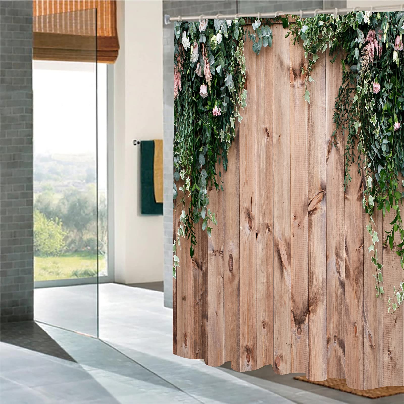 JOOCAR Bathroom Decorative, Wooden Fence Fresh Spring Greens Flowers and Leaf Plant on Wood Board - Image 3