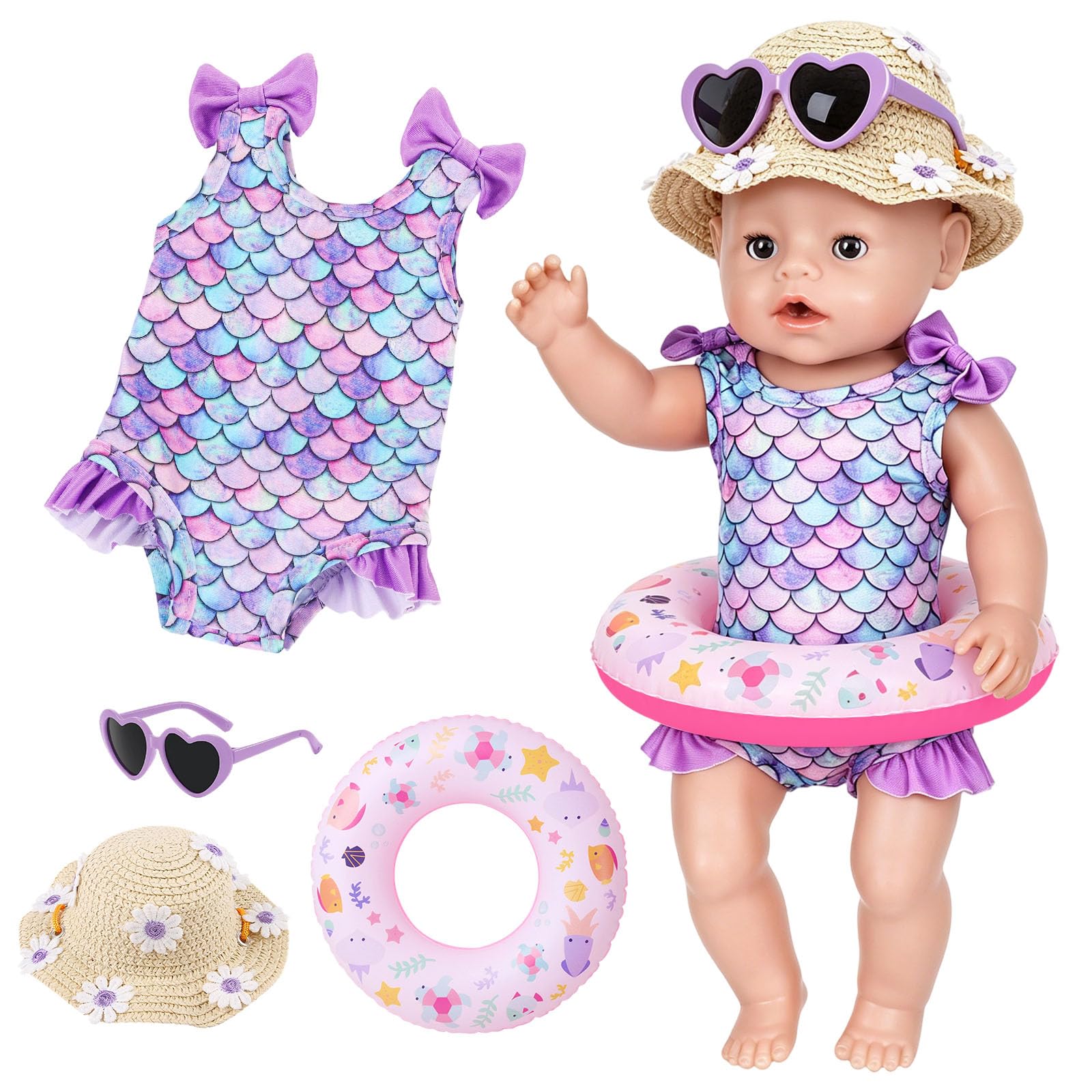 4 Pcs Swimming Baby Doll Clothes for 14-17 inch Swimming Doll, Swimsuits with Purple Mermaid Bikini, Swimming Ring, Sunglasses, Daisy straw hat for 35-45 cm Newborn Baby Dolls Kids Birthday Gift