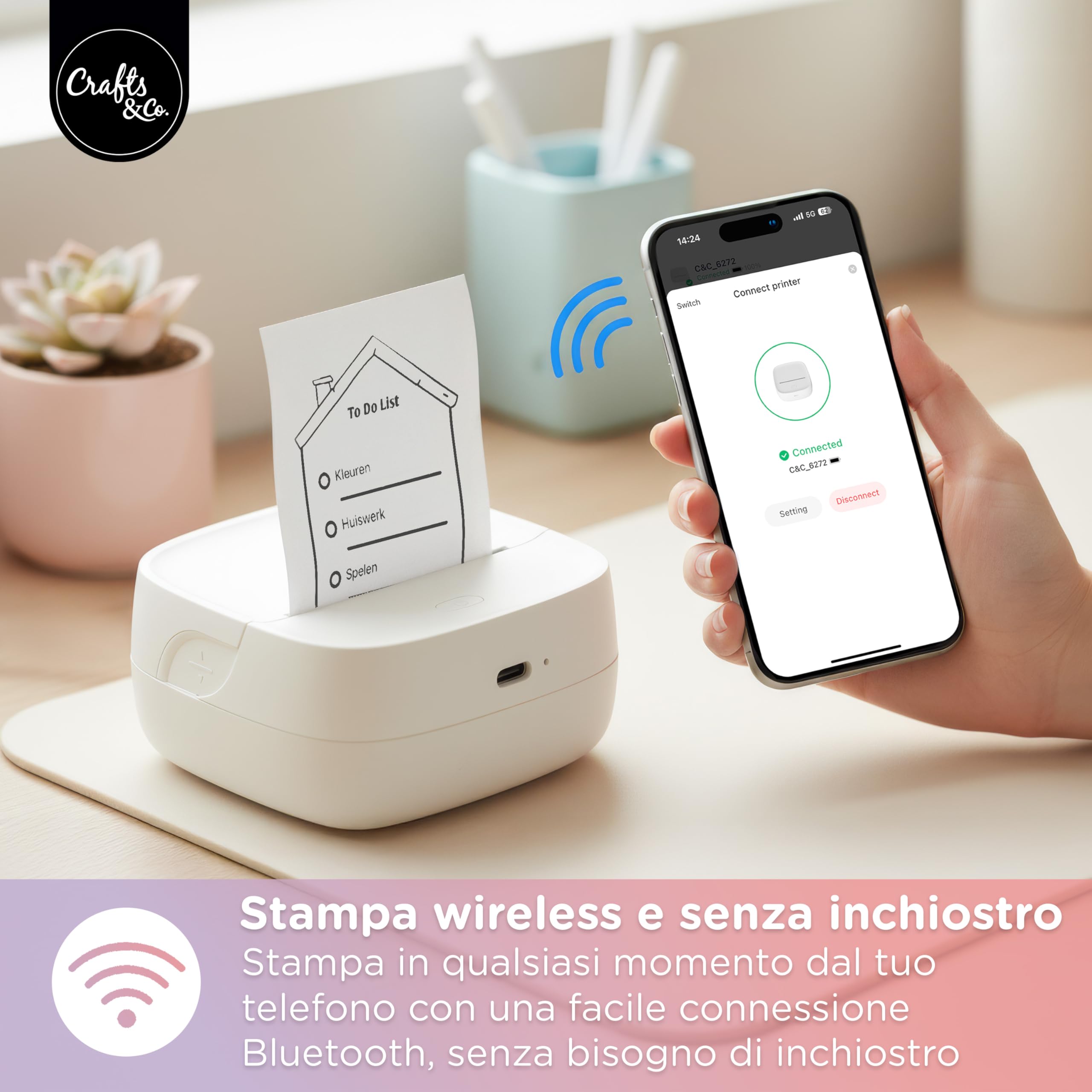 Crafts&Co Mini stampante tascabile | stampante portatile Bluetooth per smartphone adesivi e appunti, stampante termica senza inchiostro, dimensioni 8 x 8 x 3 cm, colore bianco