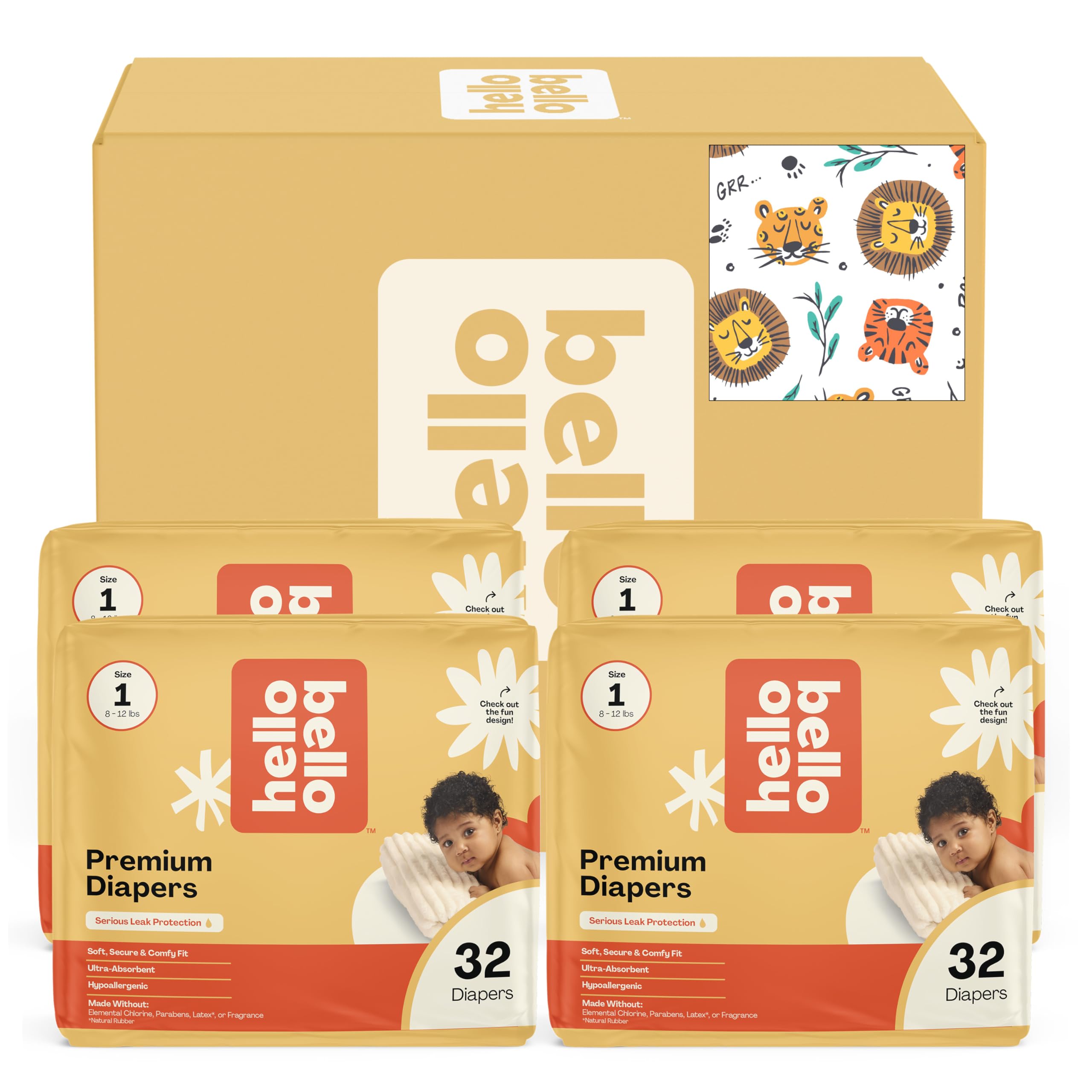 Hello Bello Diapers, Size 1 (8-12 lbs) Wild Cats, 128 Count Value Pack of Premium Disposable Baby Diapers, Hypoallergenic with Soft, Cloth-Like Feel