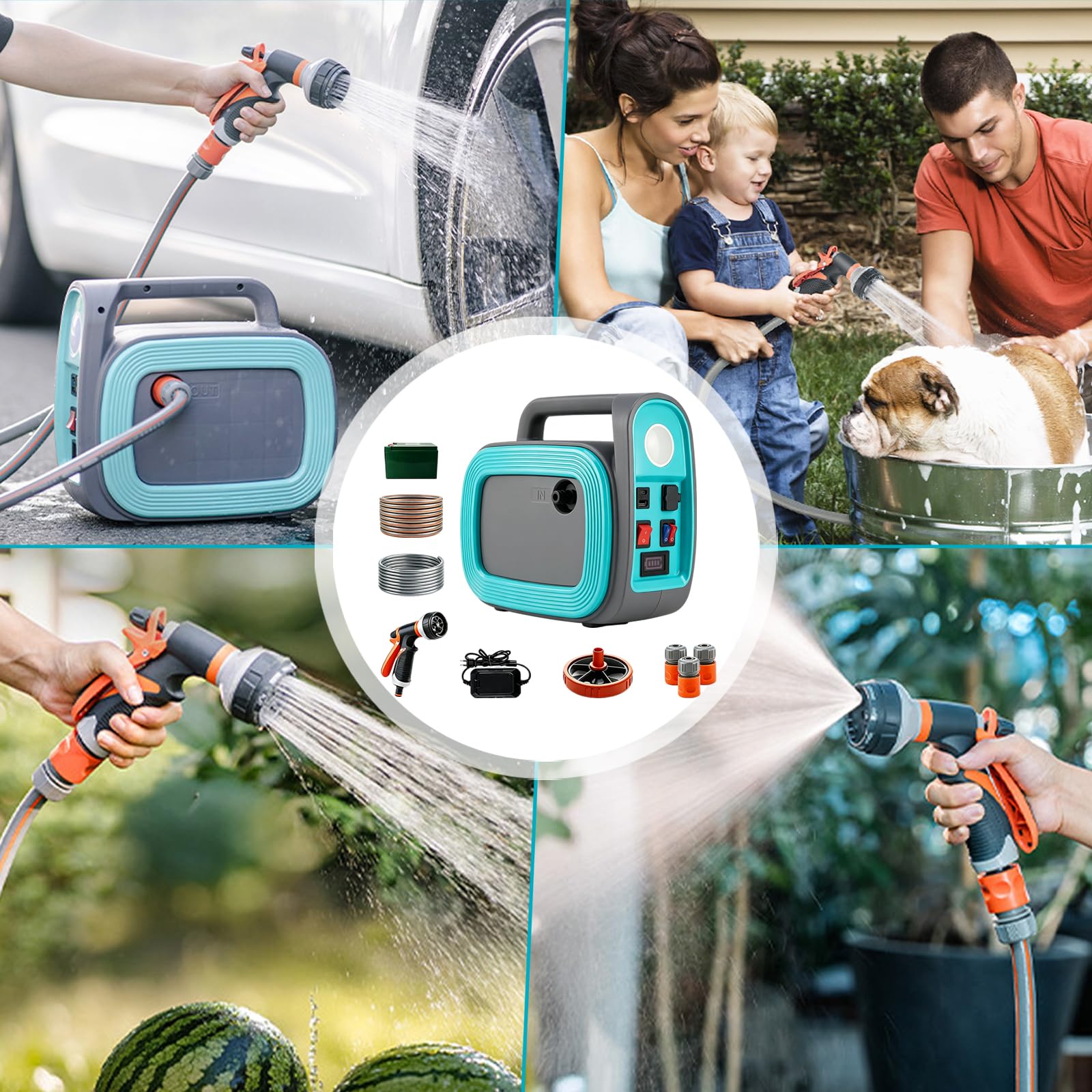 Pompe à Eau Sans Fil 12000 mAh, Pompe Auto-Amorçante Portable (Hauteur de Refoulement 2,5 m), Pompe Électrique avec Éclairage LED et Fonction Power Bank, Inclut Tuyaux 10 m et Pistolet d'Arrosage