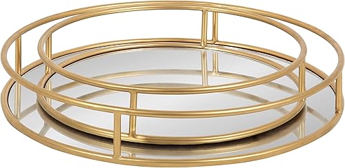 Miniatura 5 de Kate and Laurel Felicia Modern Glam - Bandejas nido de metal, forma redonda decorativa con asas y superficie de espejo, juego de 2, dorado