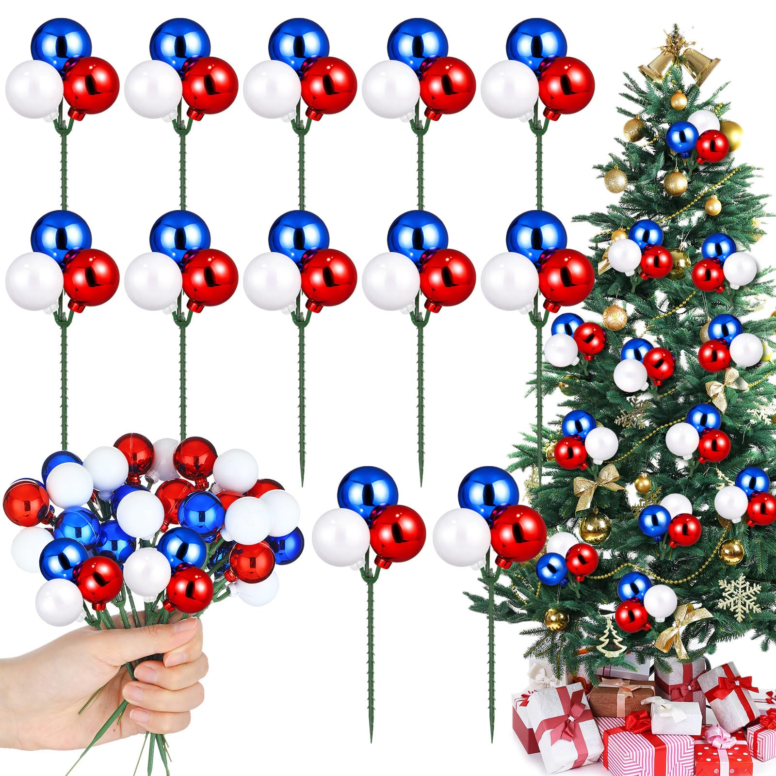 Syhood 12 Sets 7.9 Inch Red White Blue Veterans Day Ball Picks and Sprays