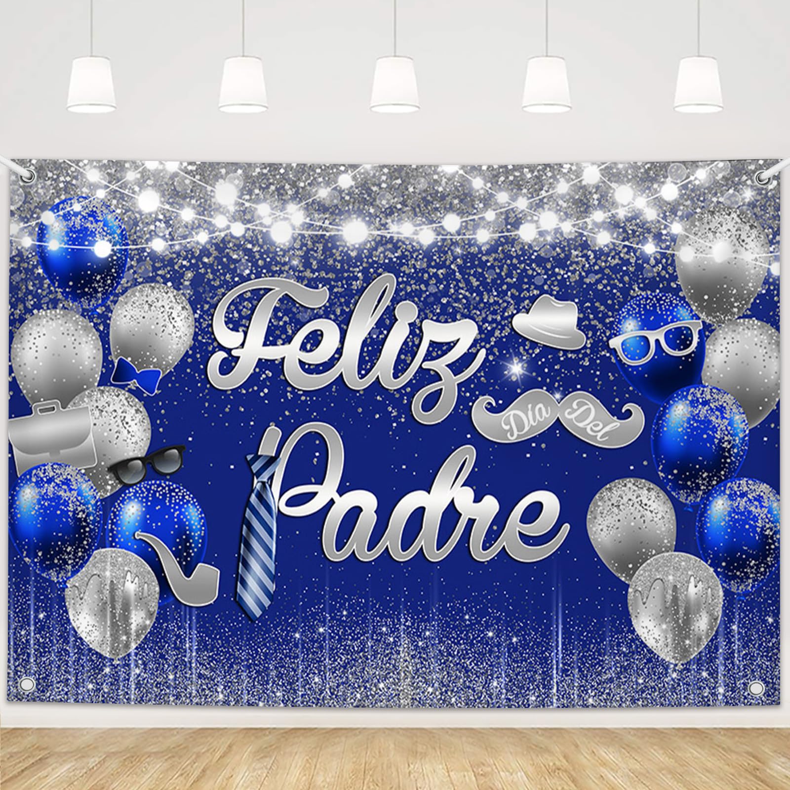 MEHOFOND 7x5ft Feliz Dia Del Padre Backdrop Blue and Silver Father's Day Party Decor Spanish Happy Fathers Day Banner Glitter Fairy String Light Tie
