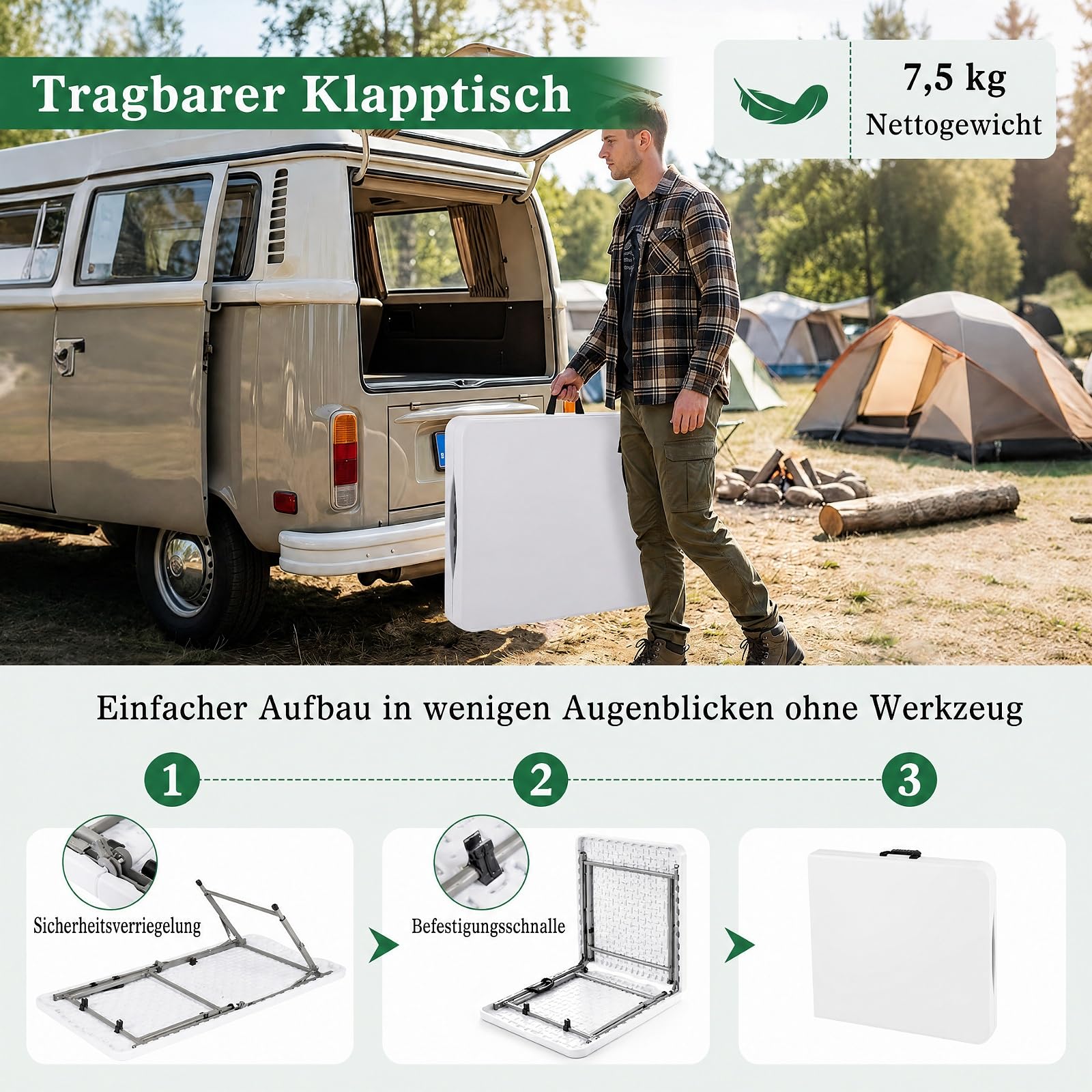 COSTWAY Campingtisch Klappbar Höhenverstellbar, Gartentisch 122x60 cm