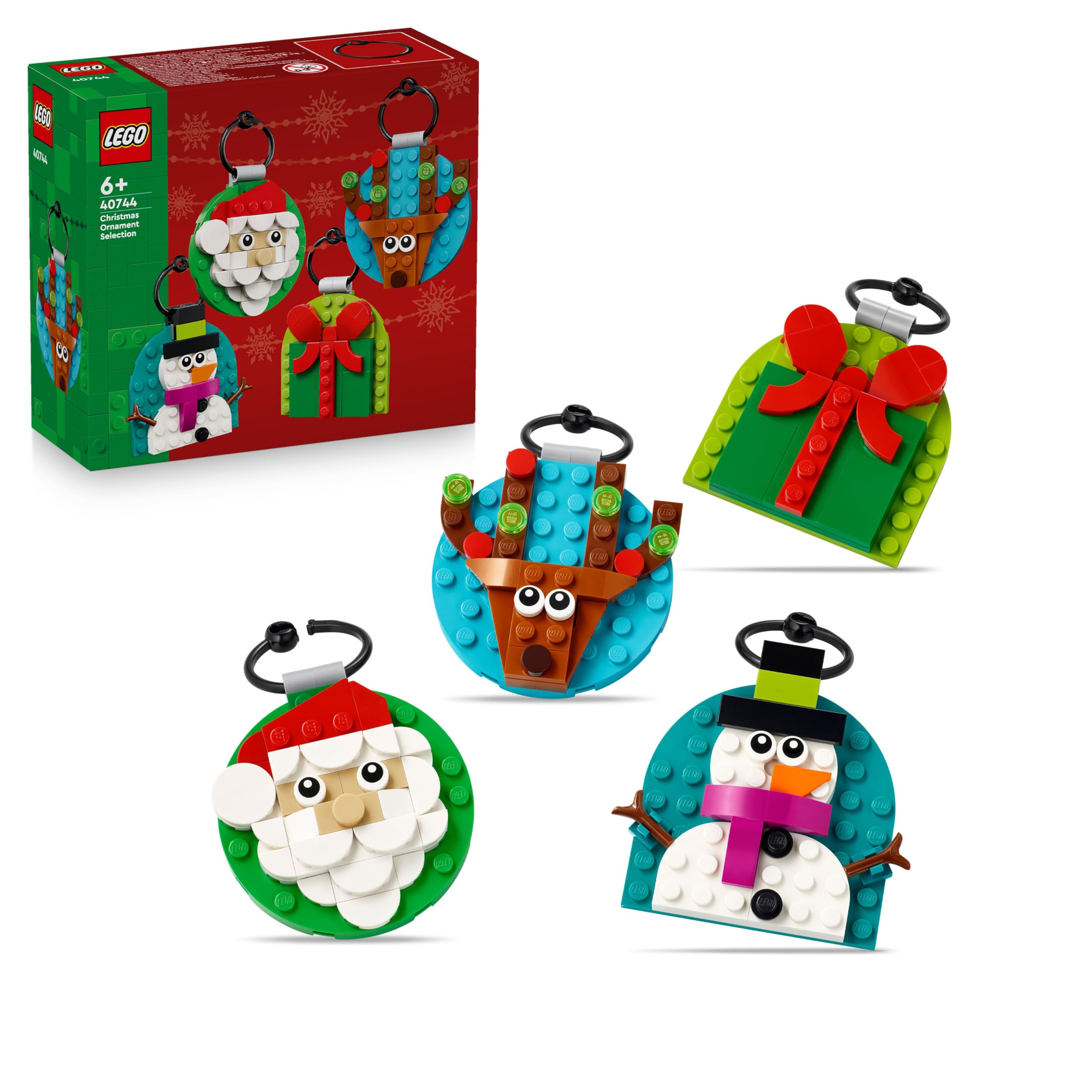 LEGO Selección de Adornos Navideños - Kit de Maquetas con 4 Decoraciones Navideñas para Colgar Inc. Papá Noel, Muñeco de Nieve y Reno - Regalo para Niñas y Niños de 6+ Años 40744