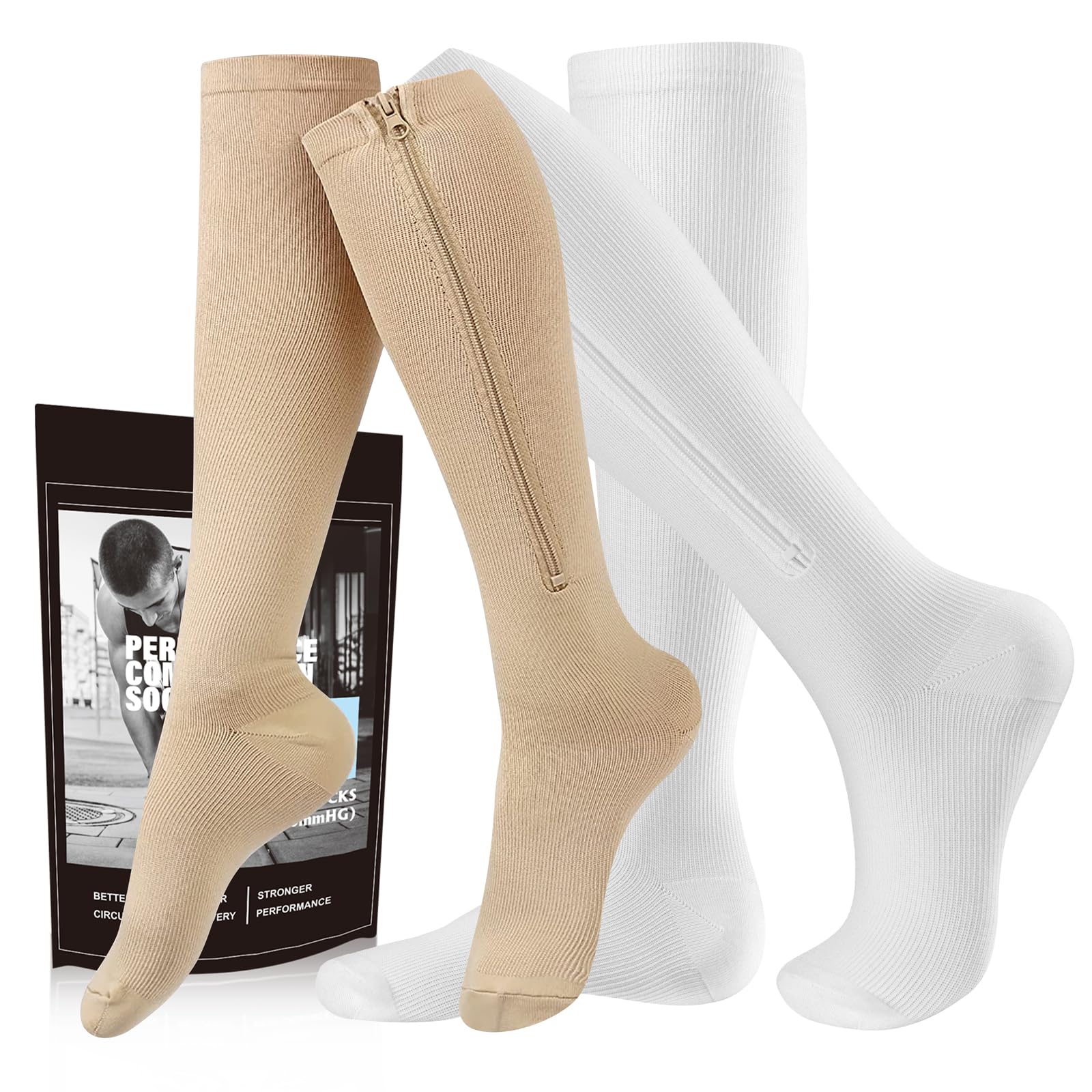 cerpite Zipper Compression Socks, 2 Pairs 15-20 mmHg Closed Toe Compression Stockings for Men Women