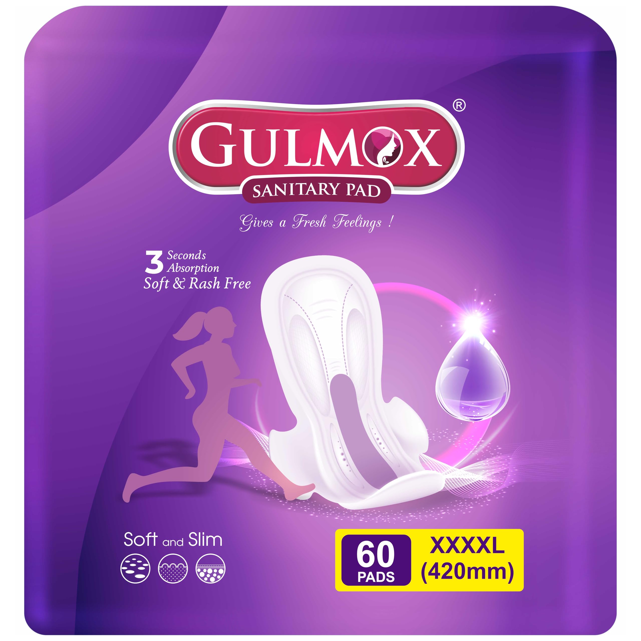 GULMOX Sanitary Pad Secure xl | Cottony Soft Sanitary Pads for Women | With LeakLock Technology | Odour Control | Absorbs upto 100% fluid | Up to 12 Hours of Protection (XXXXL, 60, count)