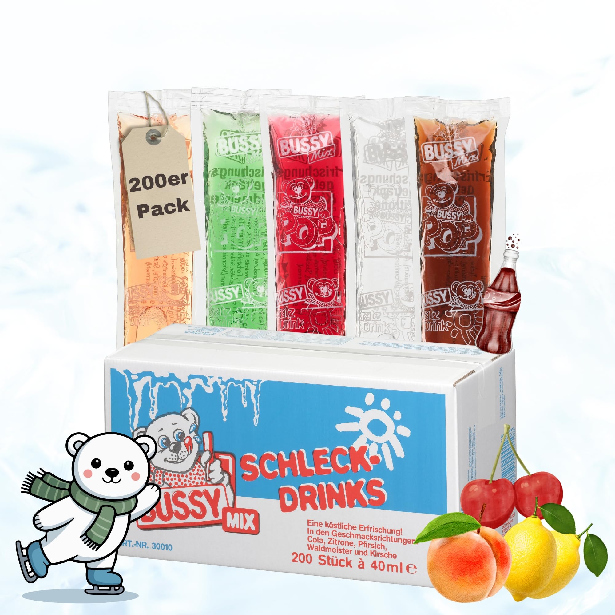 Bussy Mix 200x 40ml Schleck-Drinks – Wassereis zum Einfrieren – verschiedene Sorten – Eis zum Selber Einfrieren – Party Eis für Kinder & Sommer & HLKauf-Block
