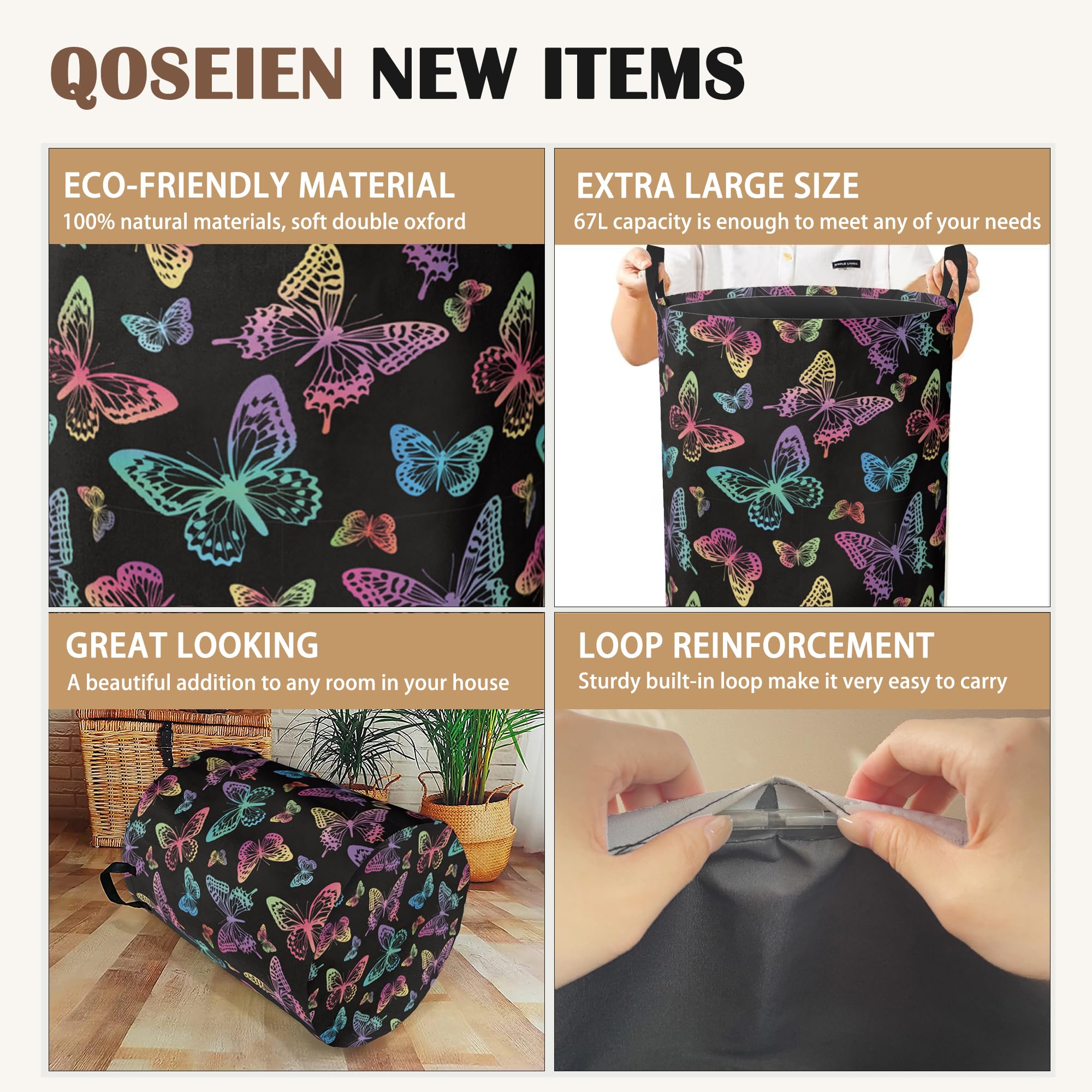 Rainbow Butterfly Collapsible Laundry Baskets,Laundry Hamper,Storage Basket with Handles for Bathroom Bedroom College Dormitory Living Room Nursery Organizer 16