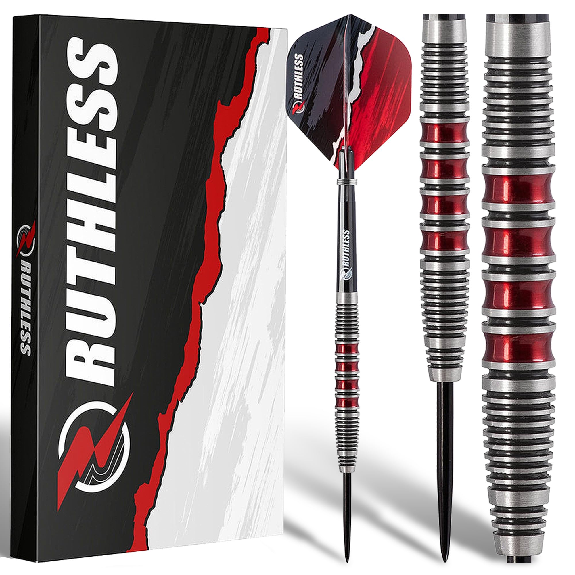 RUTHLESS Red Falcon Jeu de fléchettes professionnelles en tungstène avec ailettes et tiges 22 g et 24 g