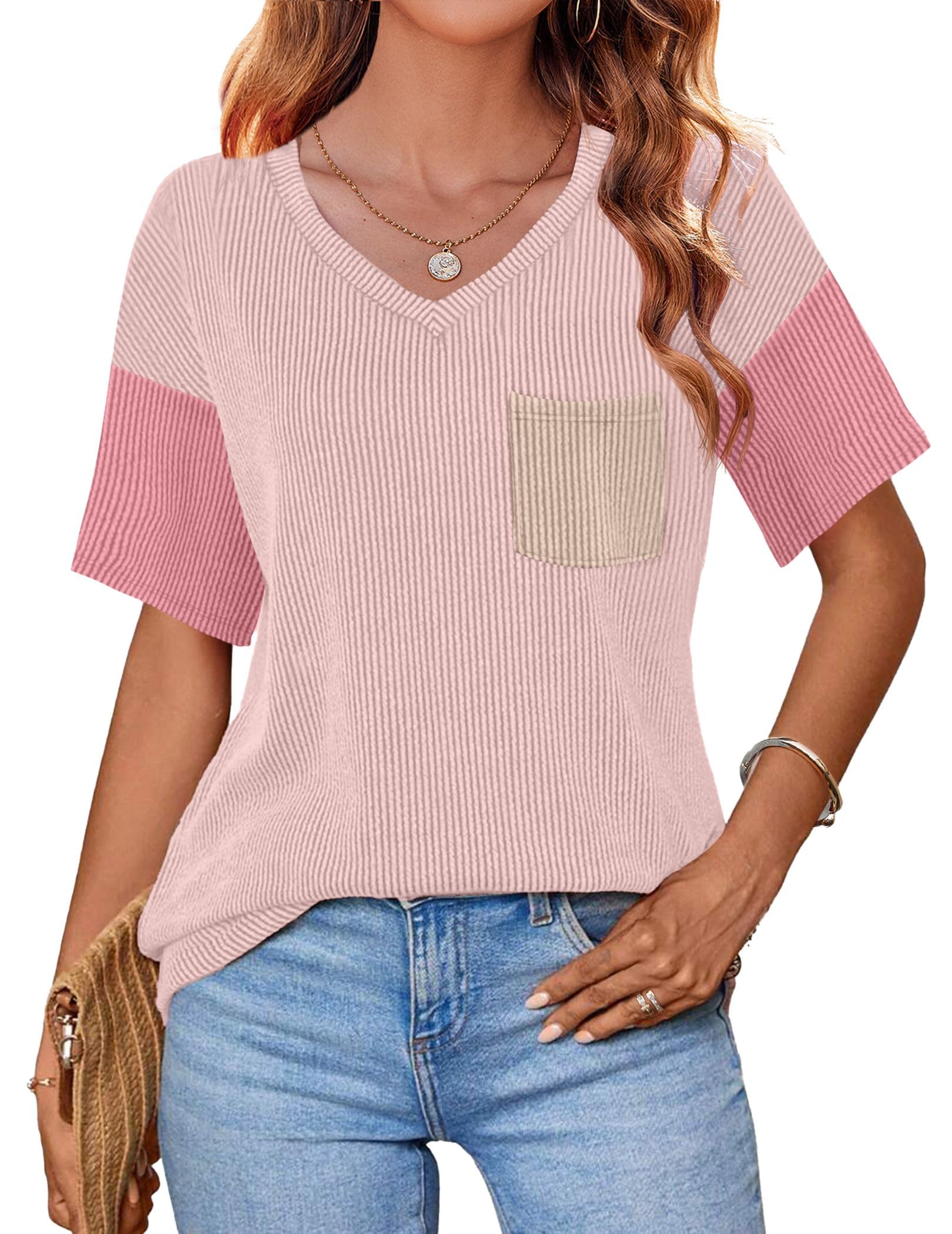 Zeagoo Women's Summer Tops Short Sleeve V Neck Ribbed T-Shirts Loose Casual Tee Tops with Pocket