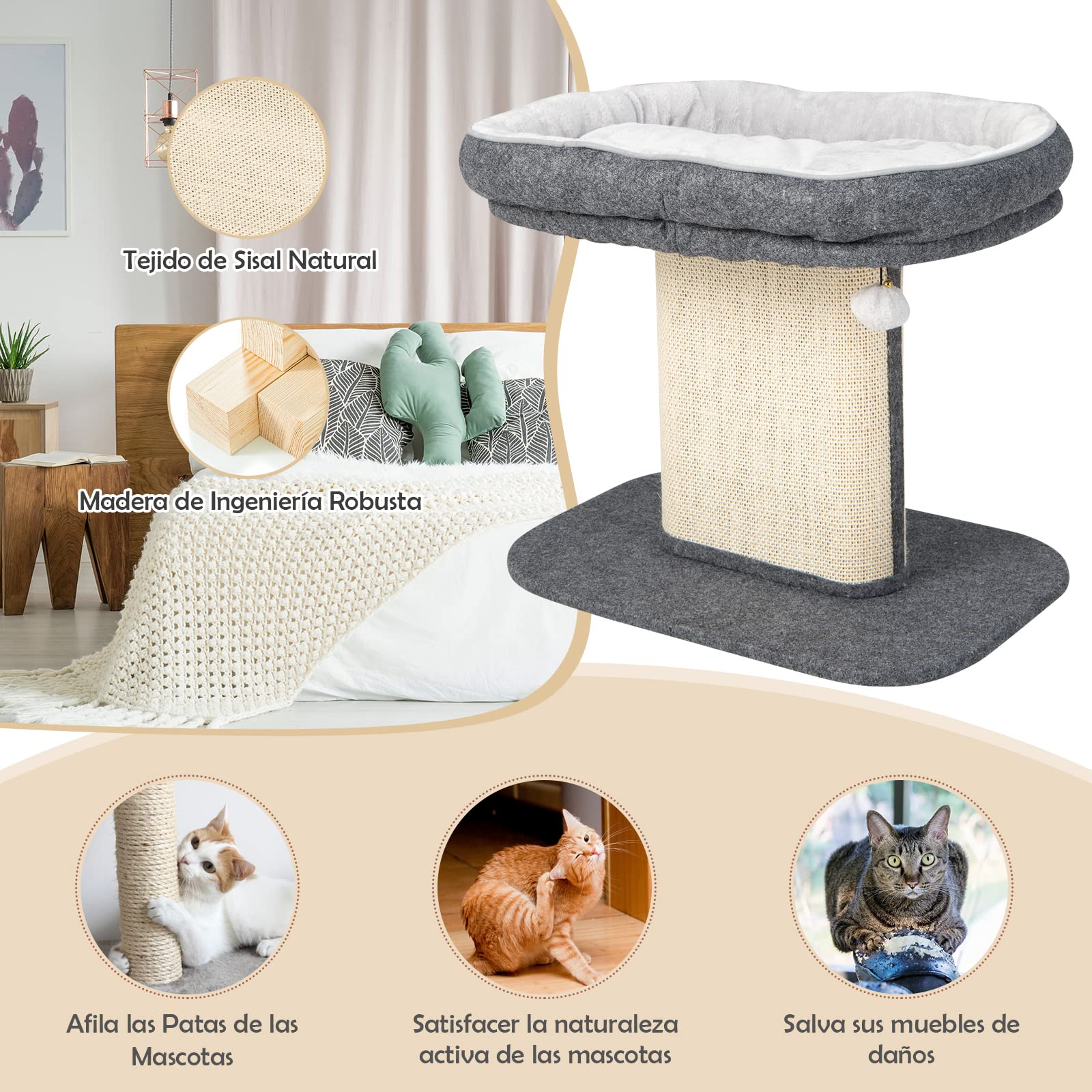 COSTWAY Árbol Rascador Pequeño para Gatos, 59 x 39 x 50 cm, Torre de Actividades para Gatitos con Poste Rascador de Sisal y Almoadilla de Felpa, Bola, Cama Rascador para Gatos con Cojín Suave (Gris)