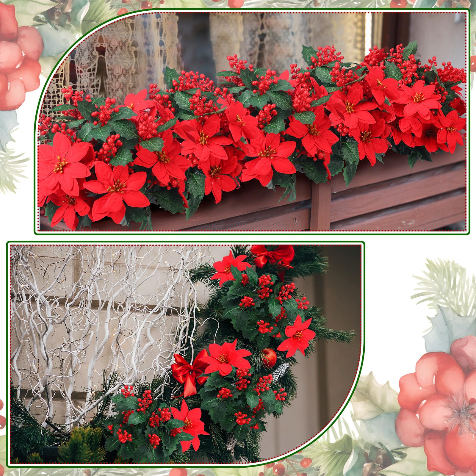 Ceenna 12 flores artificiales de Navidad, flores de pascua, arbustos, bayas de acebo, tallos de hojas de cedro, flores de Navidad, hojas de Navidad, decoración de fiestas en interiores y exteriores