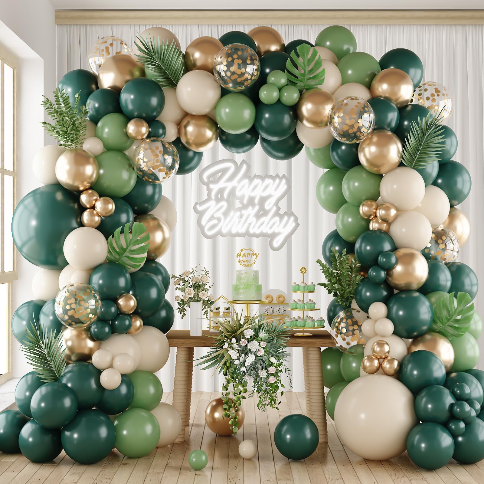Emerald Green White Gold Balloons Arch Kit, 106 PCS Dark Green Sage Dusty Olive Green Sand White Beige Metallic Gold Confetti Balloons for Birthday Graduation Wedding jungle Safari Party Decorations