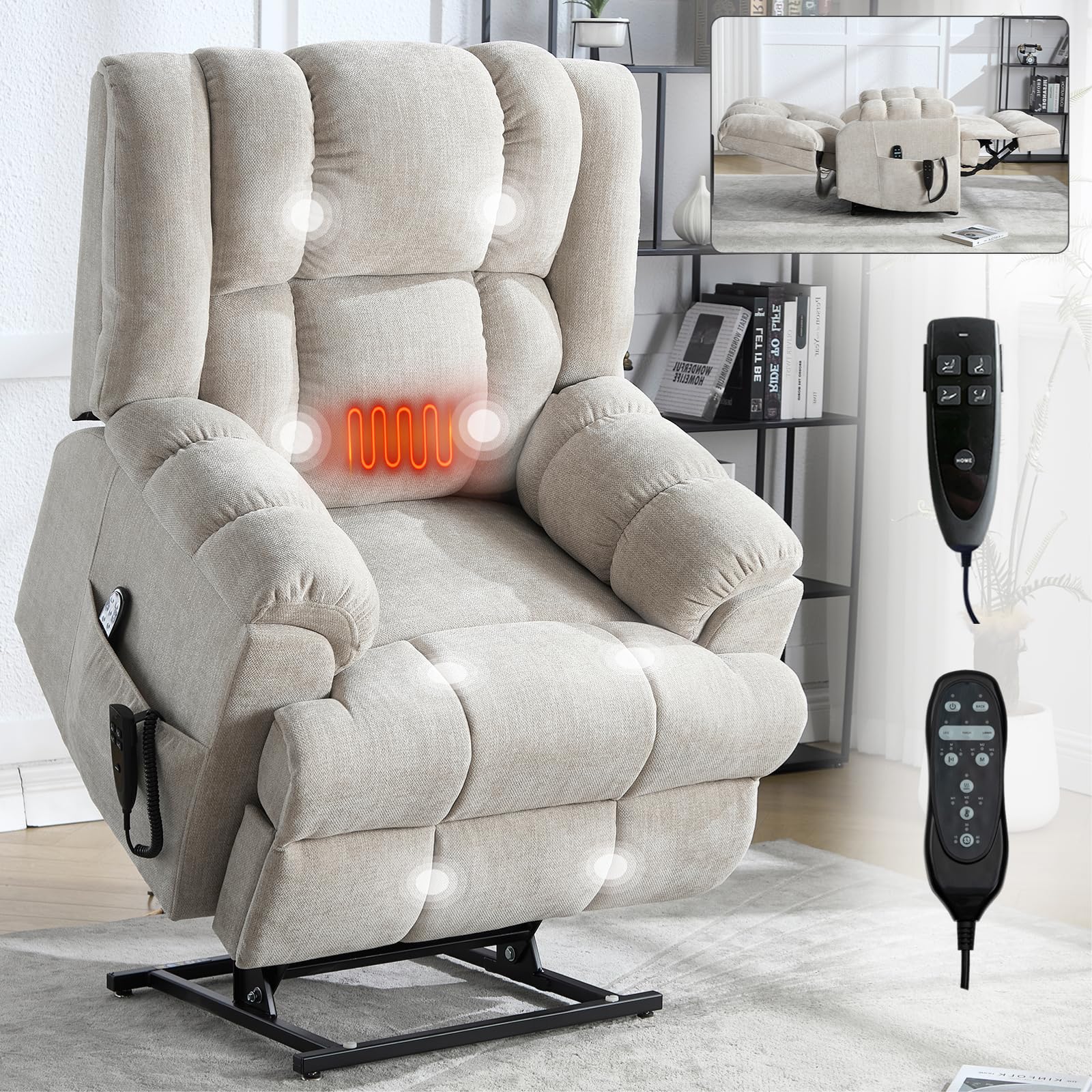 Dual Motor Heat Massage Infinite Position Up to 350 LBS Electric Power Lift Recliners with Power Remote, Medium Firm and Heavy Duty, Beige