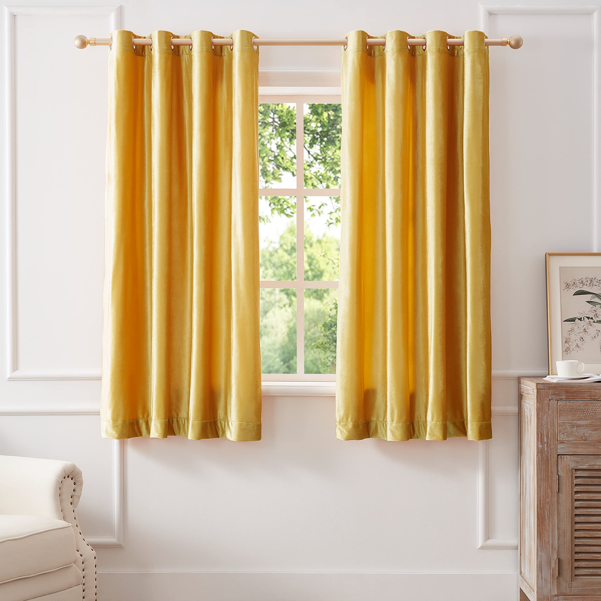BULBUL Yellow Curtains 63 inch Length- Living Room Velvet Blackout Window Drapes Thermal Insulated Room Darkening Decor Grommet Curtains for Bedroom Set of 2 Panels