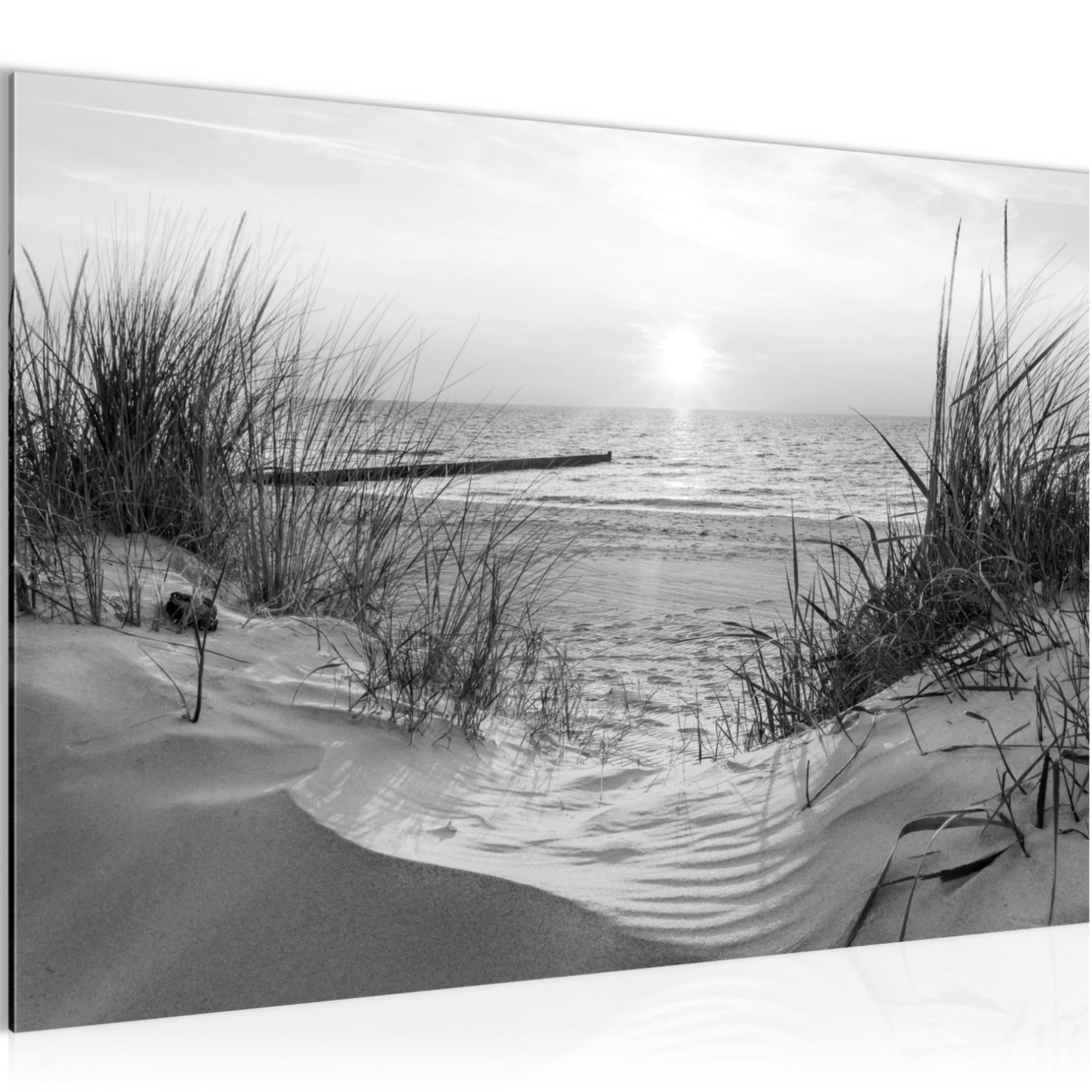 Runa Art Beach C Canvas Picture Beach Sunset Modern Prints - 100% Made In Germany - Sea Nature Black-And-White Living Room Bedroom 041715C