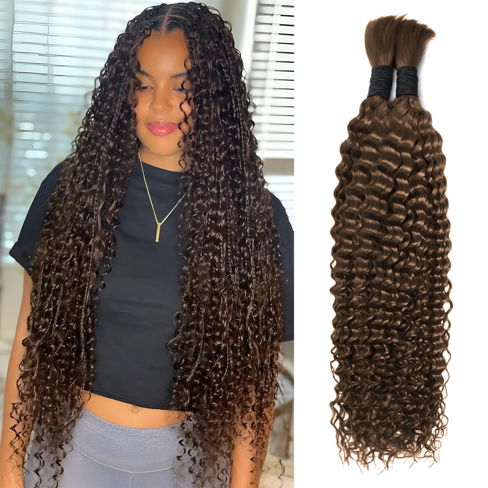 Human Hair for Boho Braids #4 20 Inch Curly Deep Wave Bulk Hair 2 Bundles 100g for Knotless Braids (#4,20inch)