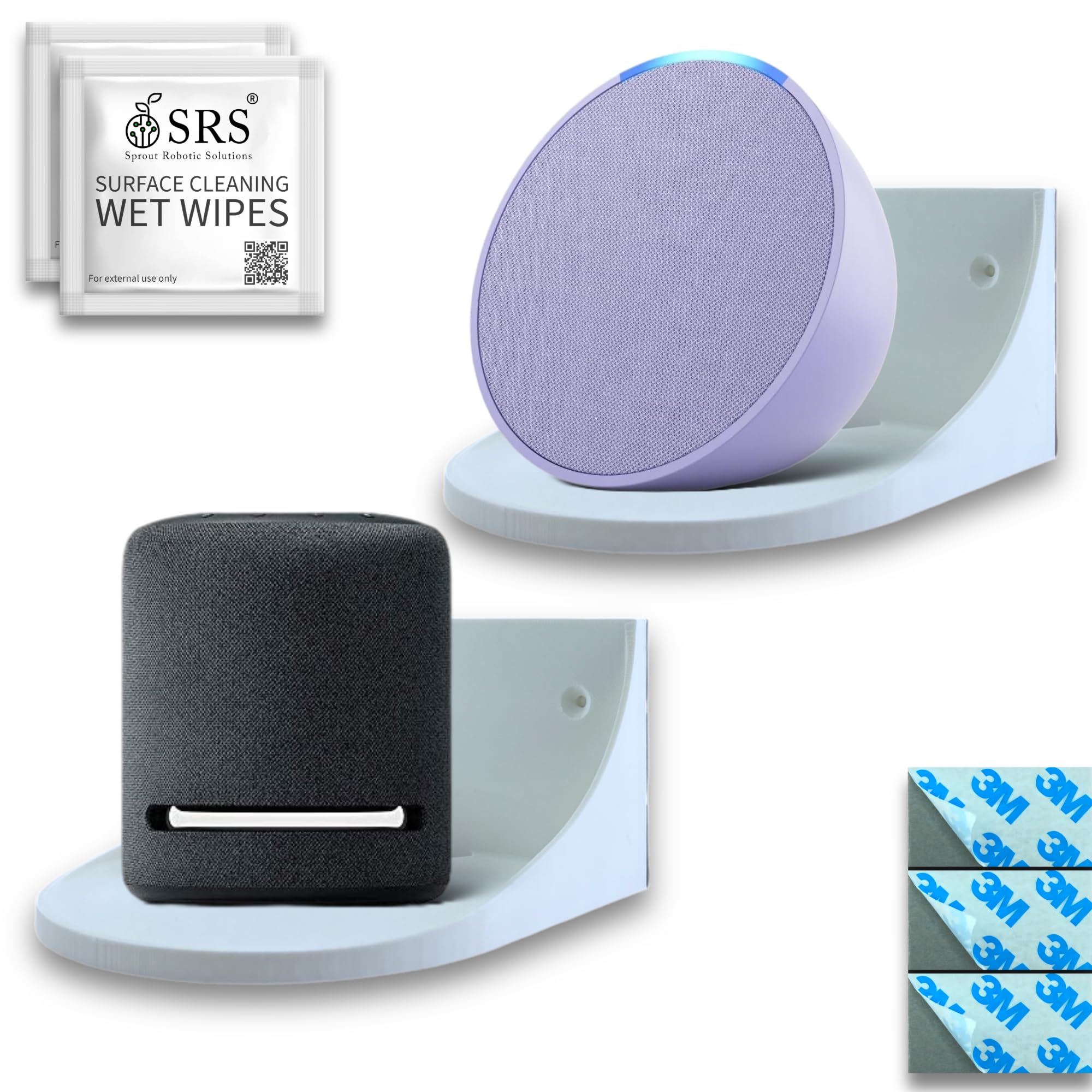 SRS® Wall Shelves Stand Holder | Stick-On Adhesive | Superior-Grade ABS | Includes Surface Cleaning Wipes | for Echo, Cameras, Speakers, Plants, Decor | Compact & Stable (White, Pack of 2)-image-10