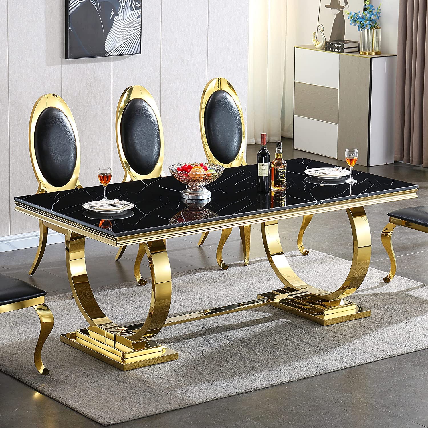 Amazon.com - 70" Marble Dining Table for 6-8, Luxury Gold Kitchen Table, Mid-Century Modern ...