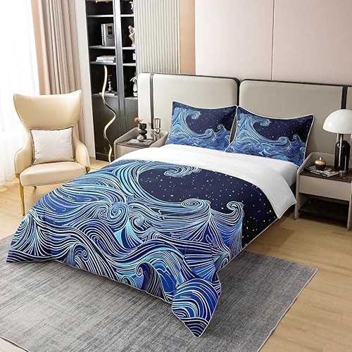 Miniatura 3 de jejeloiu Juego de funda de edredón de algodón con ondas japonesas, funda de edredón de olas oceánicas, 100 % algodón, tamaño Queen para olas del