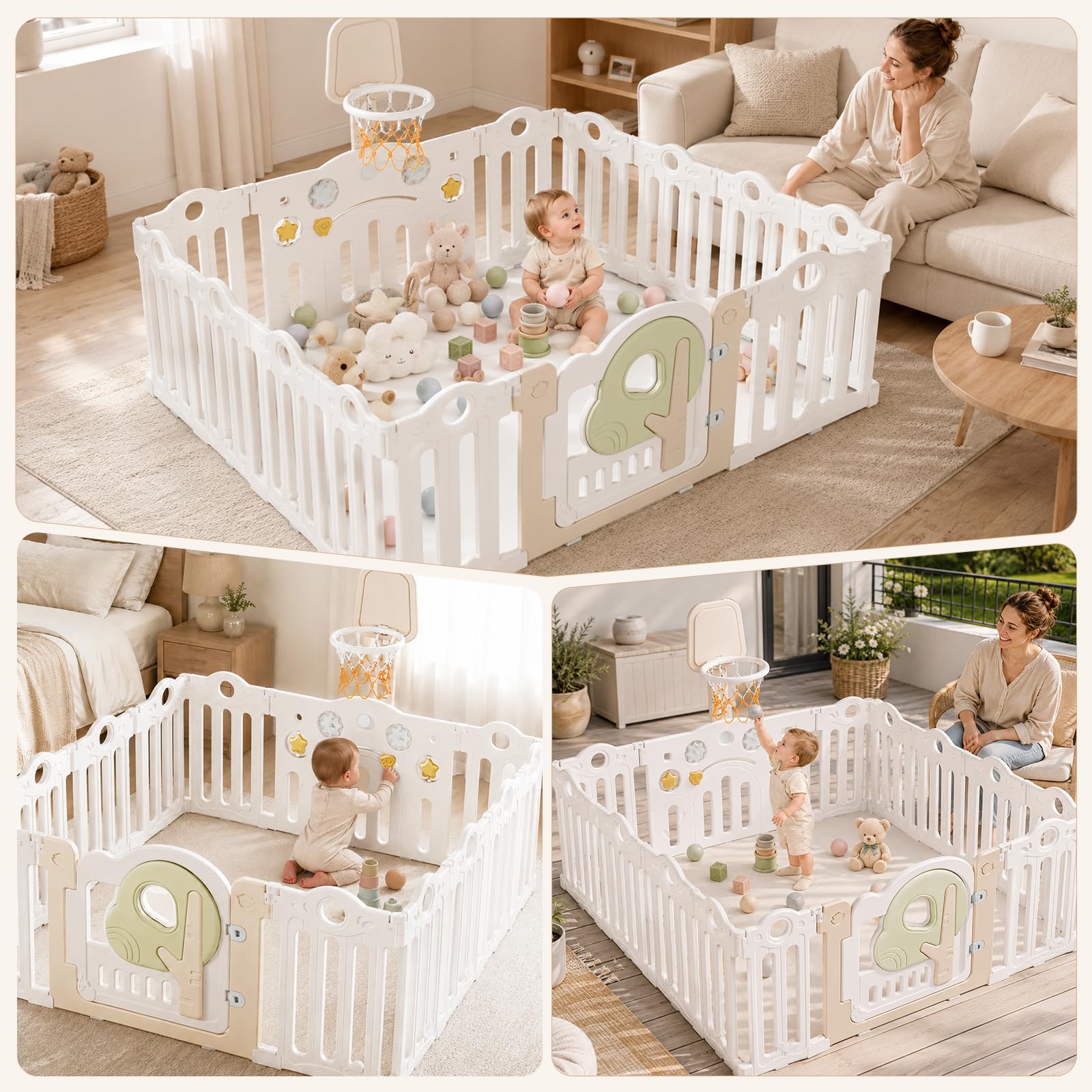 Parque Infantil Plegable de 150x150cm, Ajustable Grande y Forma, XL con Canasta de Baloncesto, Extensible con Puerta y Tablero de Juego Montessori para Interior/Exterior, Playpen y Parques