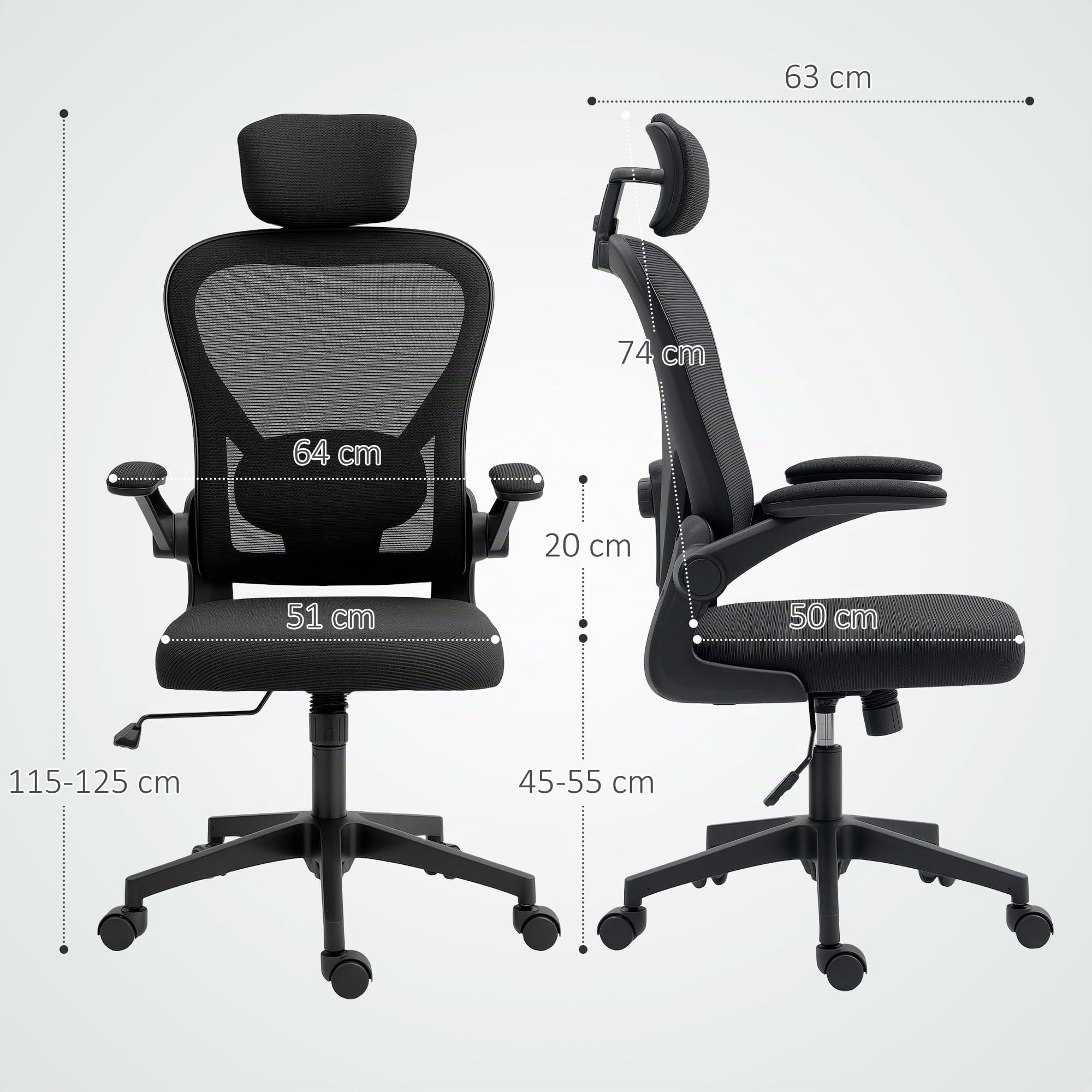HOMCOM Silla de Oficina Giratoria de Malla Transpirable 120 kg Negro | Silla de Escritorio, Altura Ajustable, Reposacabezas y Soporte Lumbar Ajustables, Silla de Despacho Basculante