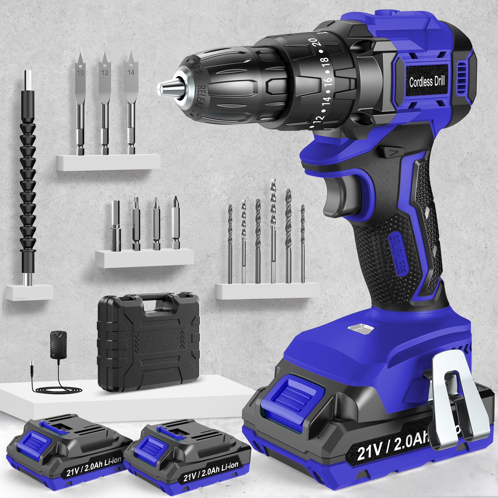 MHPROCordless Drill, Power Drill Brushless 21V, Cordless HammerDrill with 2 Batteries 2000mAh, 20+3 Torque, 45N.m Max DrillSet, LED Light, 2 Speed, 14PCS Accessories for Home and Garden DIY Project