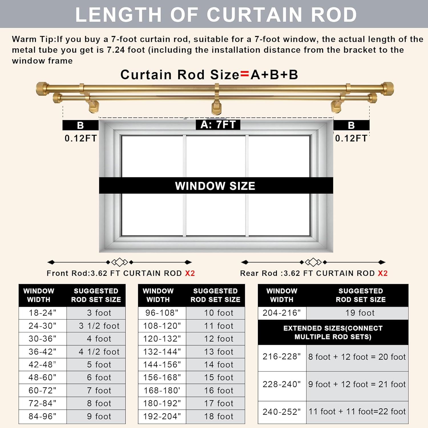 1-1/8 inch Double Curtain Rod - Premium Nonadjustable 84in/7ft Drapery Rods - Heavy Duty Dual Curtain Rods for Windows - Solid Aluminum Finials & Adjustable Concealed Mounting Bracket - Brushed Gold