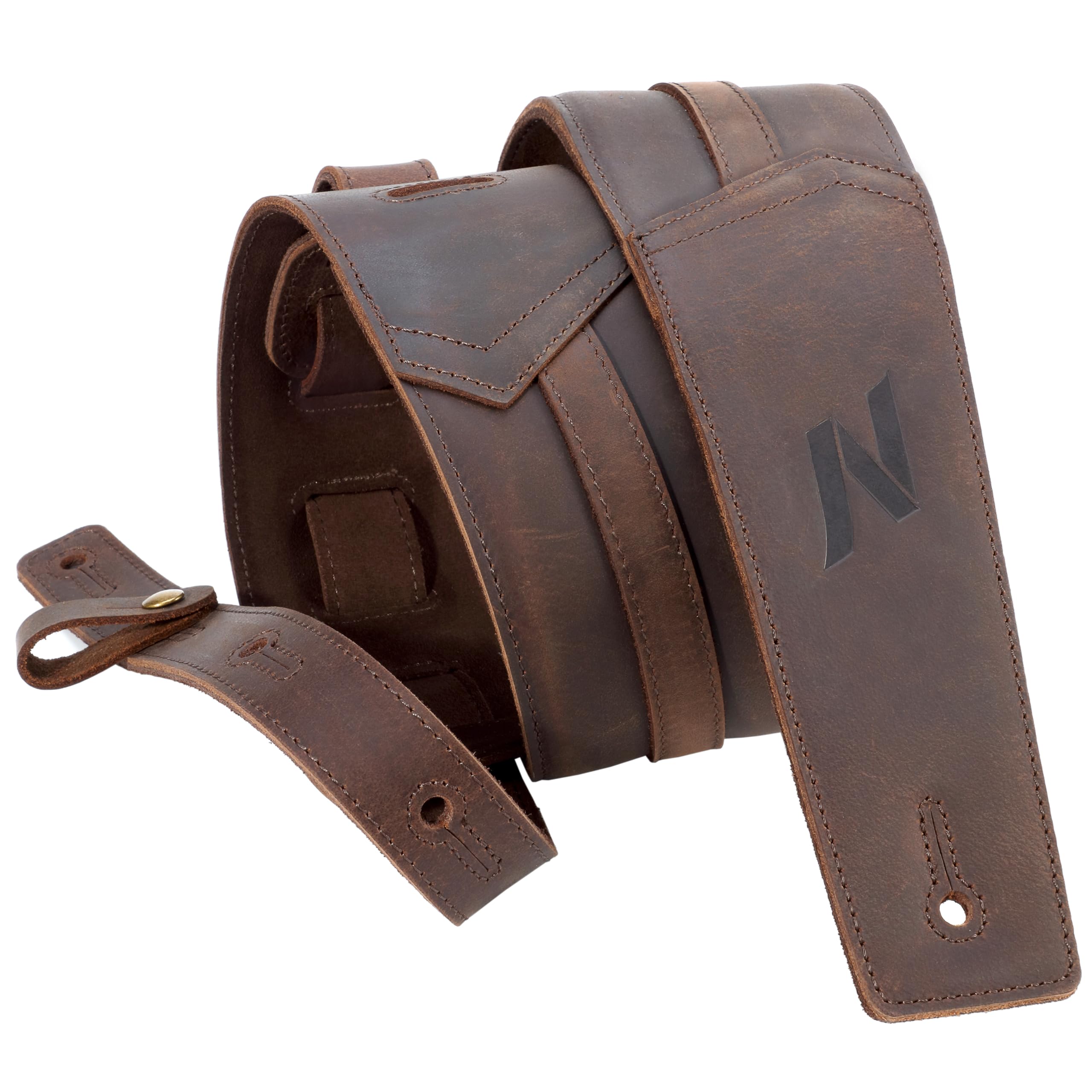 Nefelibata 3" Gitarrengurt, Vollnarbenleder, mit Schaumstoffpolsterung und Kabelaufbewahrungsschlaufe, für Bass, elektrische und akustische Gitarren（Dunkelbraun）
