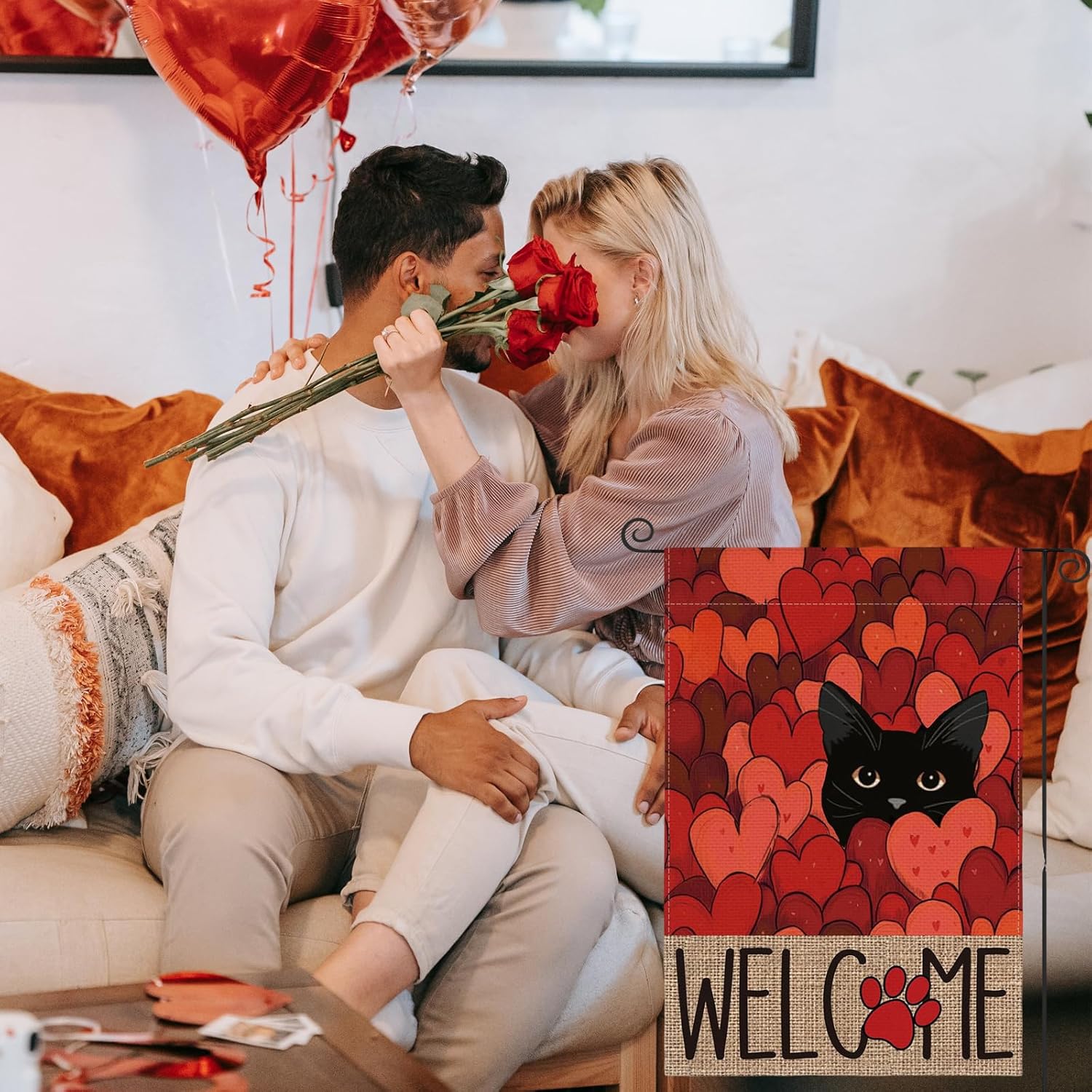 Valentines Day Garden Flag, Black Cat Garden Flag, 12x18 Inch Red Heart Love Double Sided Outside Welcome Me Yard Outdoor Flags - Image 6