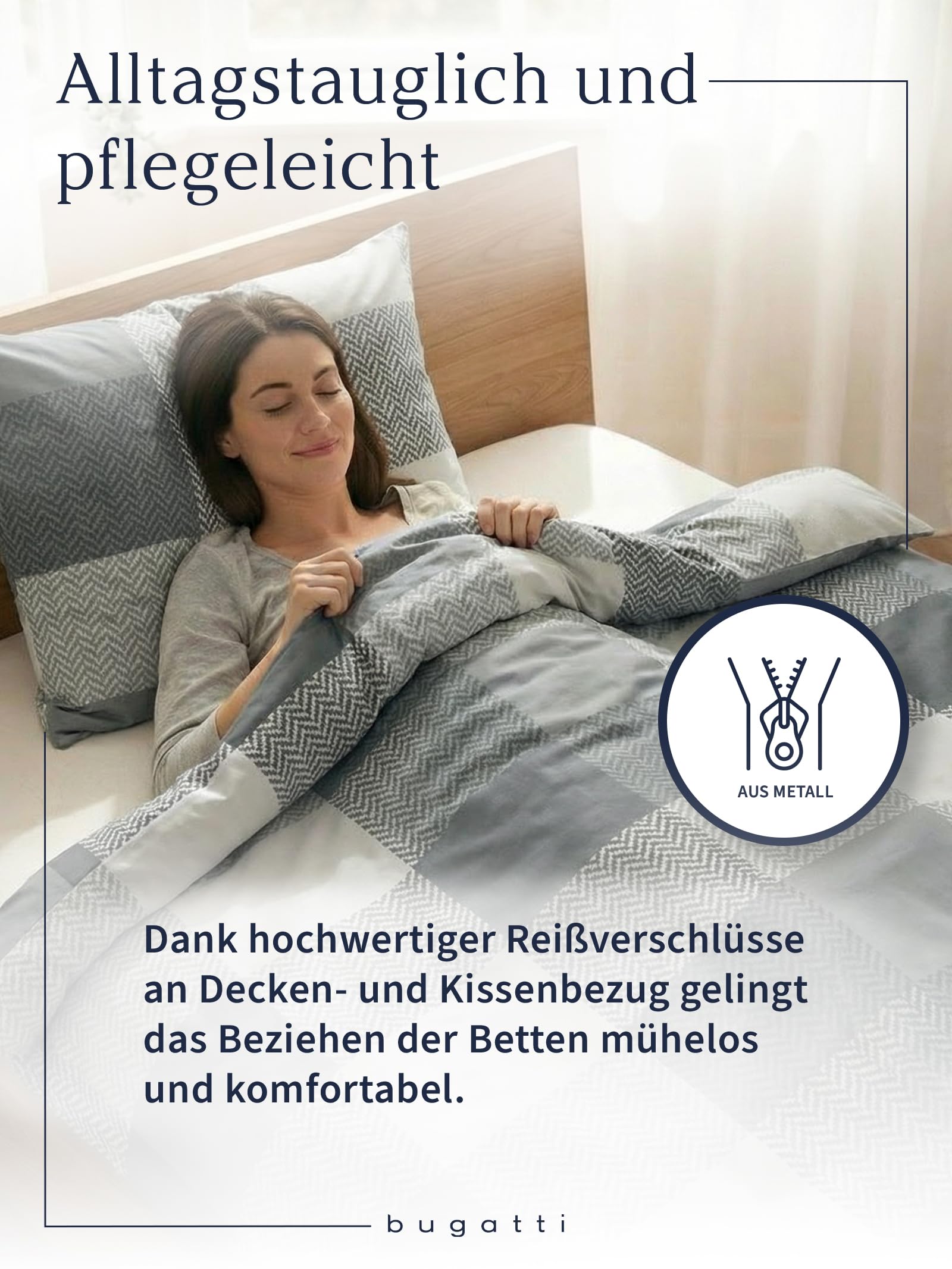 bugatti 2in1 Bettwäsche 135x200 cm - 100% Baumwolle Satin-Flanell Kombibettwäsche, Reißverschluss, anschmiegsam, weich & waschbar, Bettbezug grau Karo