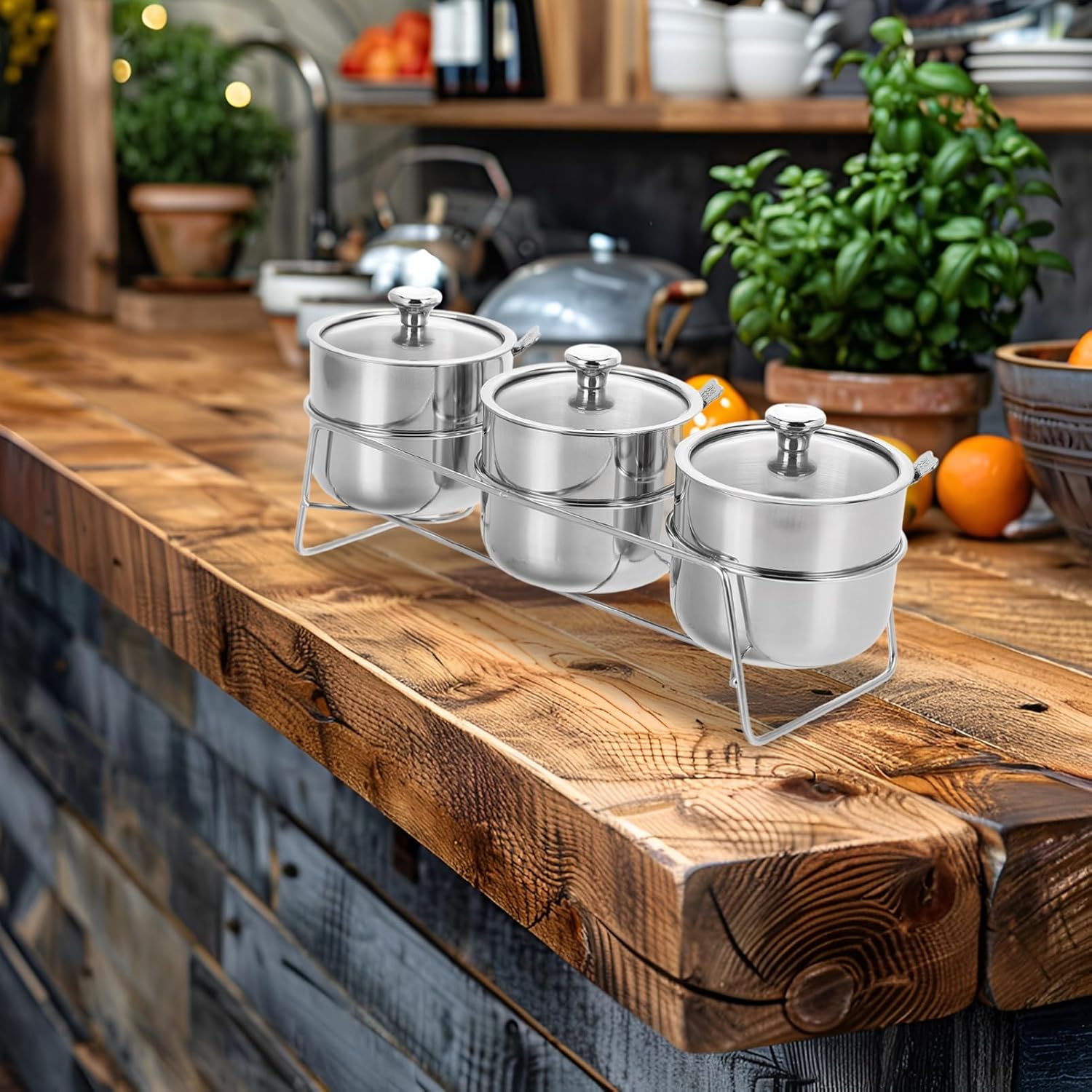 1set Stainless Steel Seasoning Containers Lids Stylish Spice Jar Rack for Salt Pepper and Sugar Storage Kitchen Organization