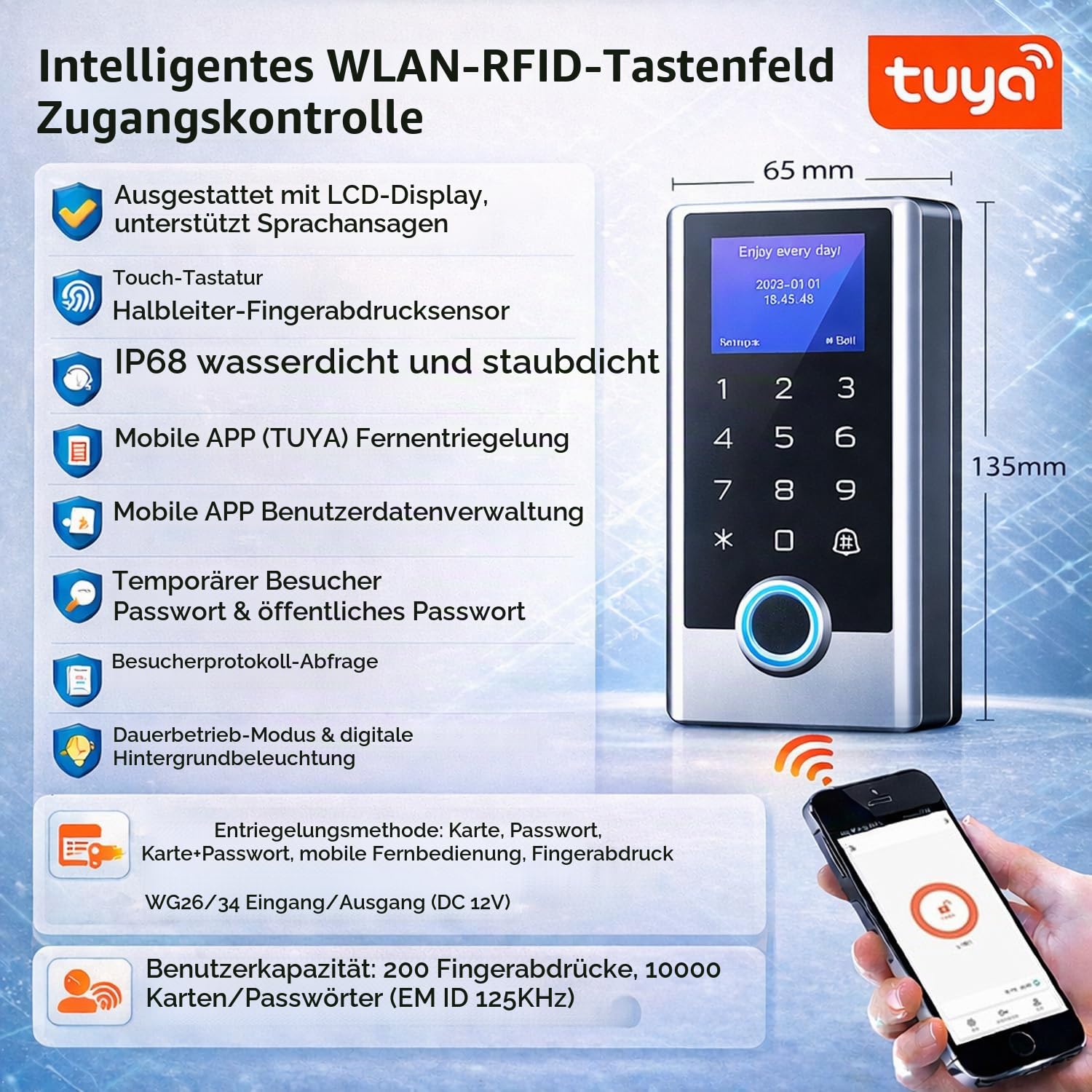 Tuya WLAN Fingerprint Türöffner mit Code & RFID – IP68 Codeschloss Haustür aus Metall mit LCD Display, Zutrittskontrolle per App, Fingerabdruck, Karte & PIN, 125kHz Schloss, WG26/34, DC12V, inkl.10tag