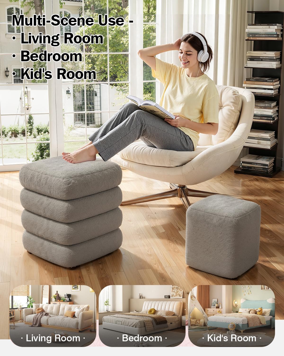 Square Set of 2 Sherpa Storage Ottoman Stool with Removeable lid,Load up to 440 lbs Footstool, Boucle Vanity Stool for Livingroom Bedroom Gray UASND69G