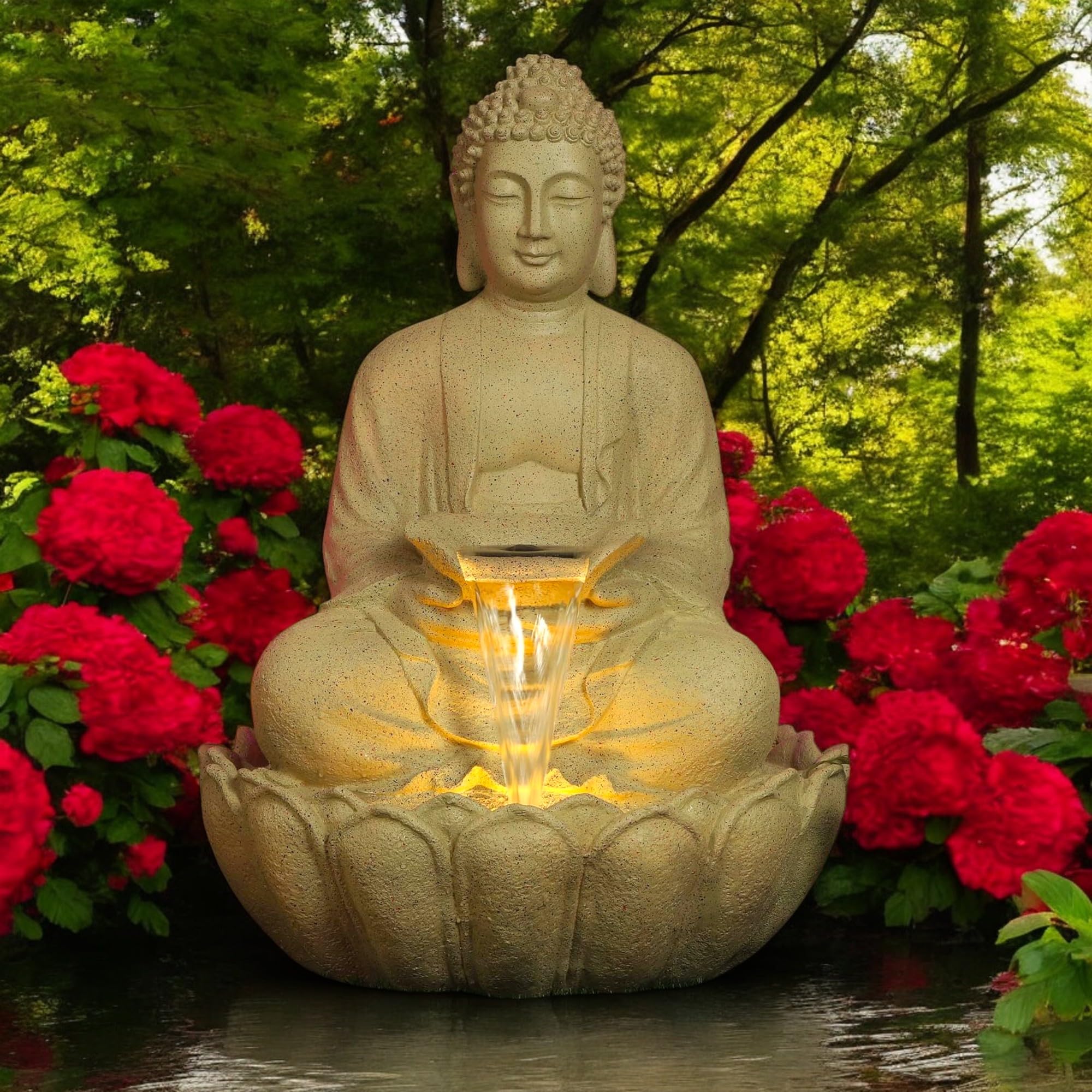 Kamal Buddha Water Fountain Big Size|3 Feet Kamal Buddha Fountain with LED Lighting for Outdoor|Water Fountain for Home & Garden (Beige, 3 Feet)-image-35