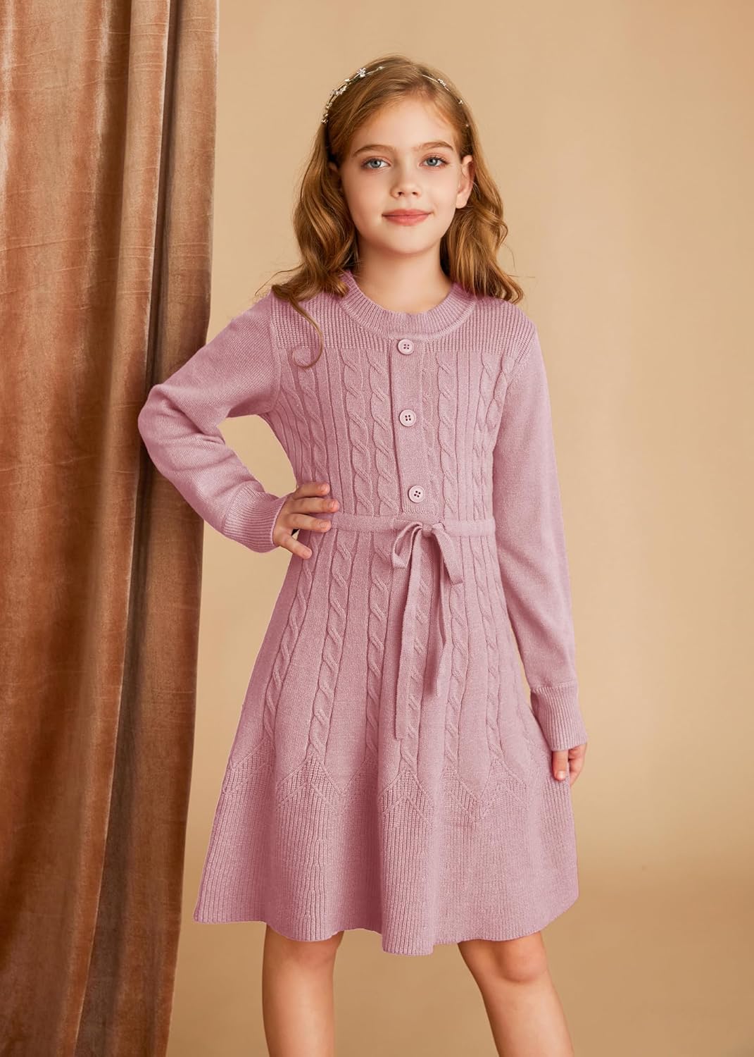 GRACE KARIN Girls Sweater Dress Fall Winter Long Sleeve Kids Fashion Drawstring Waist Cable Knit Dresses Size 5-12 - Image 6