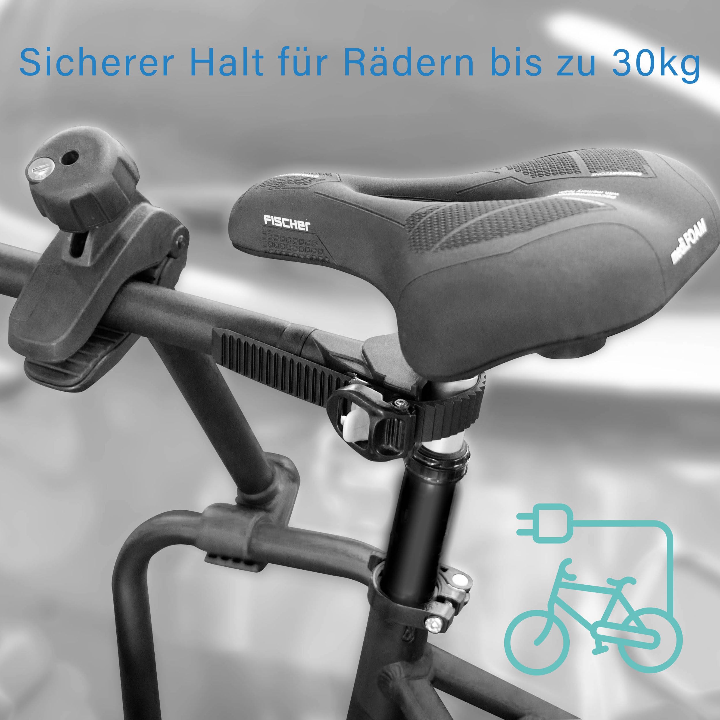 FISCHER Adattatore per telaio della bicicletta, adattatore variabile per un trasporto sicuro e pratico, adatto per tubi fino a 6 cm di diametro, distanza fino a 65 cm tra reggisella e manubrio, nero