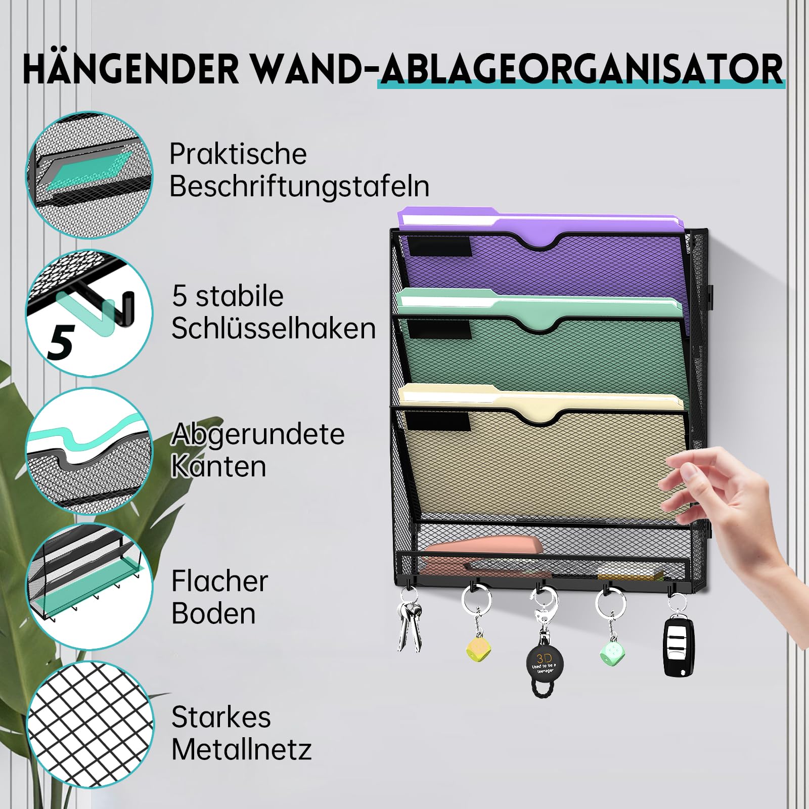 RITOLLO 4 Fächer Metall A4 Zeitschriftenhalter mit 5 Haken, hängender Wandhalter zur Wandmontage, praktischer Wandorganizer für Papier, Ordner, Magazine und Rechnungen, Schwarz
