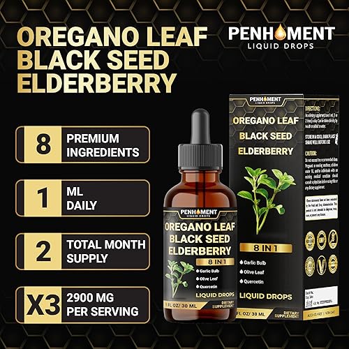 Miniatura 5 de Gotas líquidas de aceite de orégano 8 en 1 con aceite de semilla negra, ajo, saúco, hoja de olivo, quercetina, bromelina y pimienta negra, 2